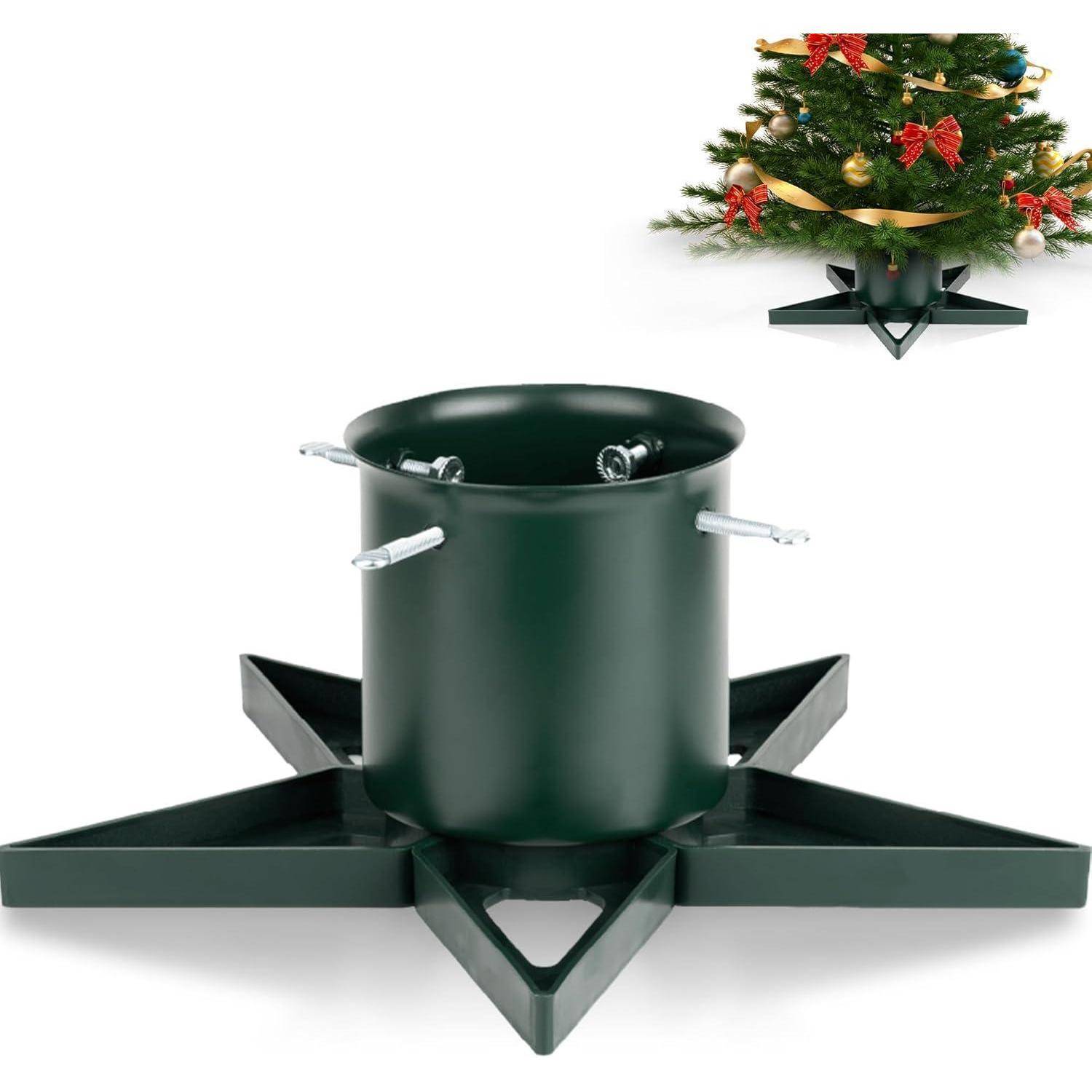 Ein grüner Weihnachtsbaumständer aus Metall mit einem zylindrischen Halter. Eine Einblendung zeigt einen geschmückten Weihnachtsbaum in dem Ständer.