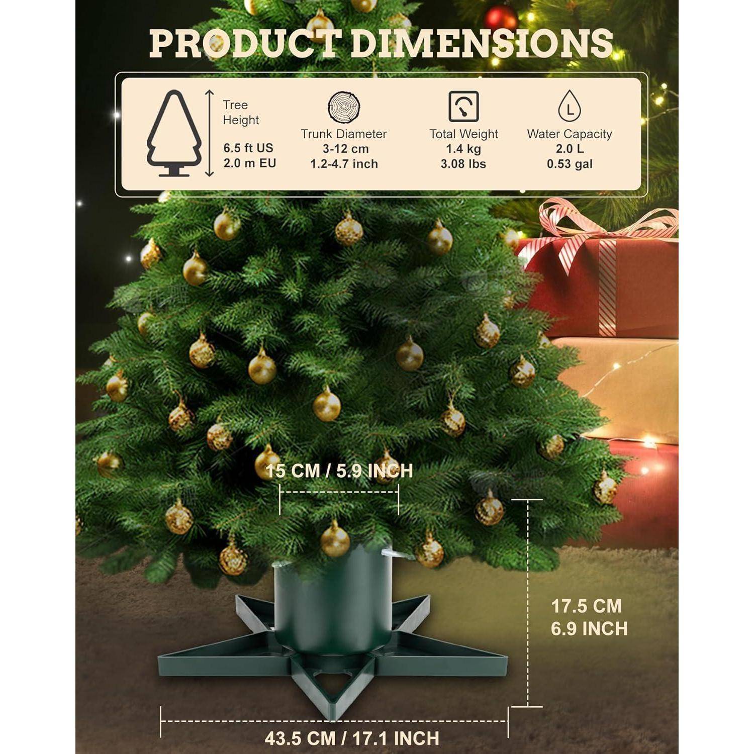 Weihnachtsbaumproduktmaße: Höhe 6,5 Fuß, Stammduchmesser 3,14-2,47 Zoll, Gewicht 3,08 Pfund, Wasserkapazität 2,0 L. Basis: 17,1 Zoll.