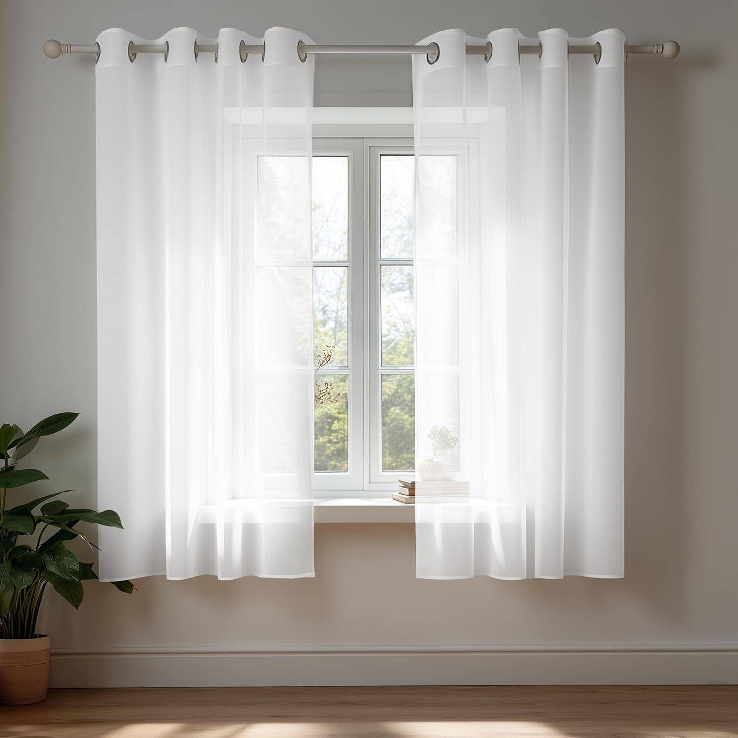 Ein Fenster mit durchsichtigen weißen Vorhängen lässt Sonnenlicht in einen Raum fallen. Eine Topfpflanze ist auf der linken Seite platziert.
