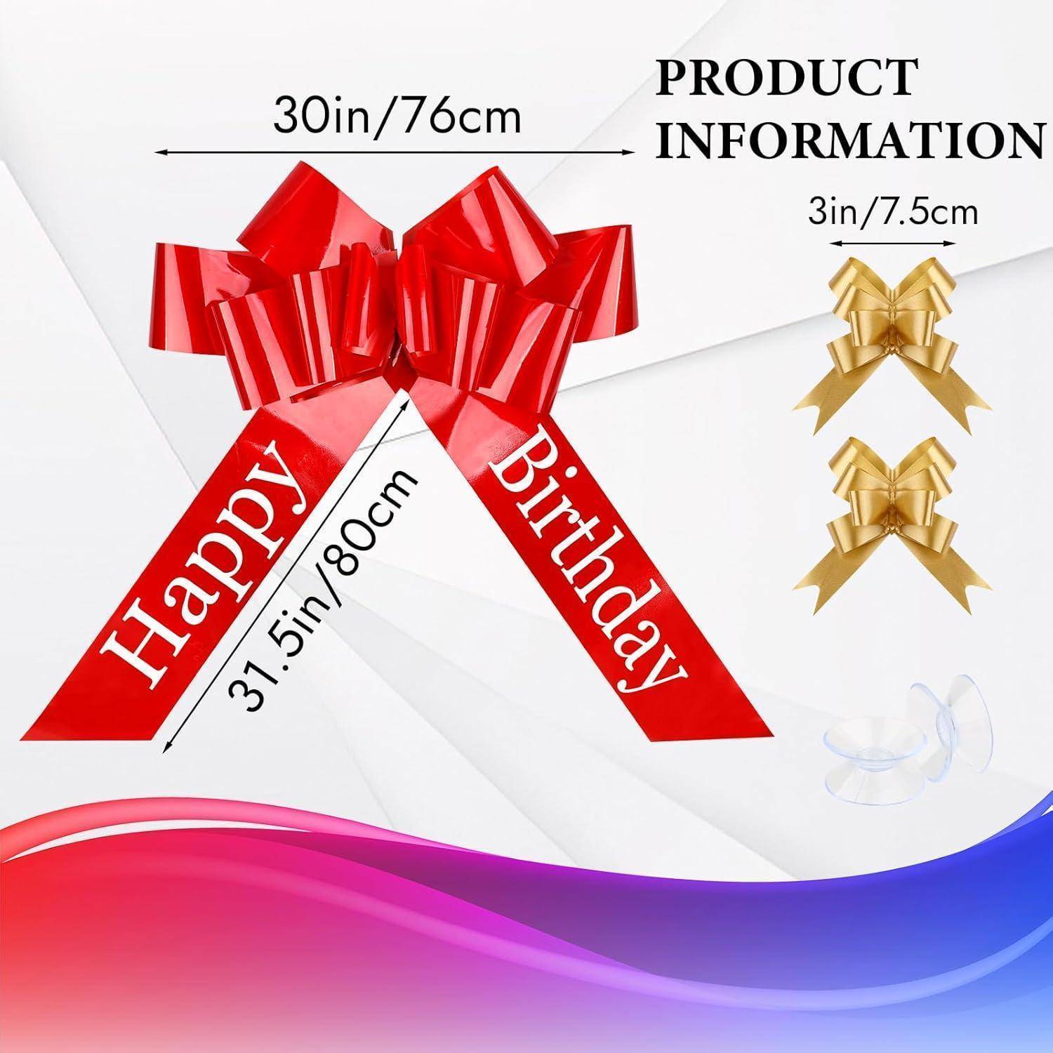 Eine rote Schleife mit 'Alles Gute zum Geburtstag' Text, misst 31,5 Zoll/80 cm x 30 Zoll/76 cm. Enthält Produktinformationen mit zwei goldenen Haken und Klebeband.
