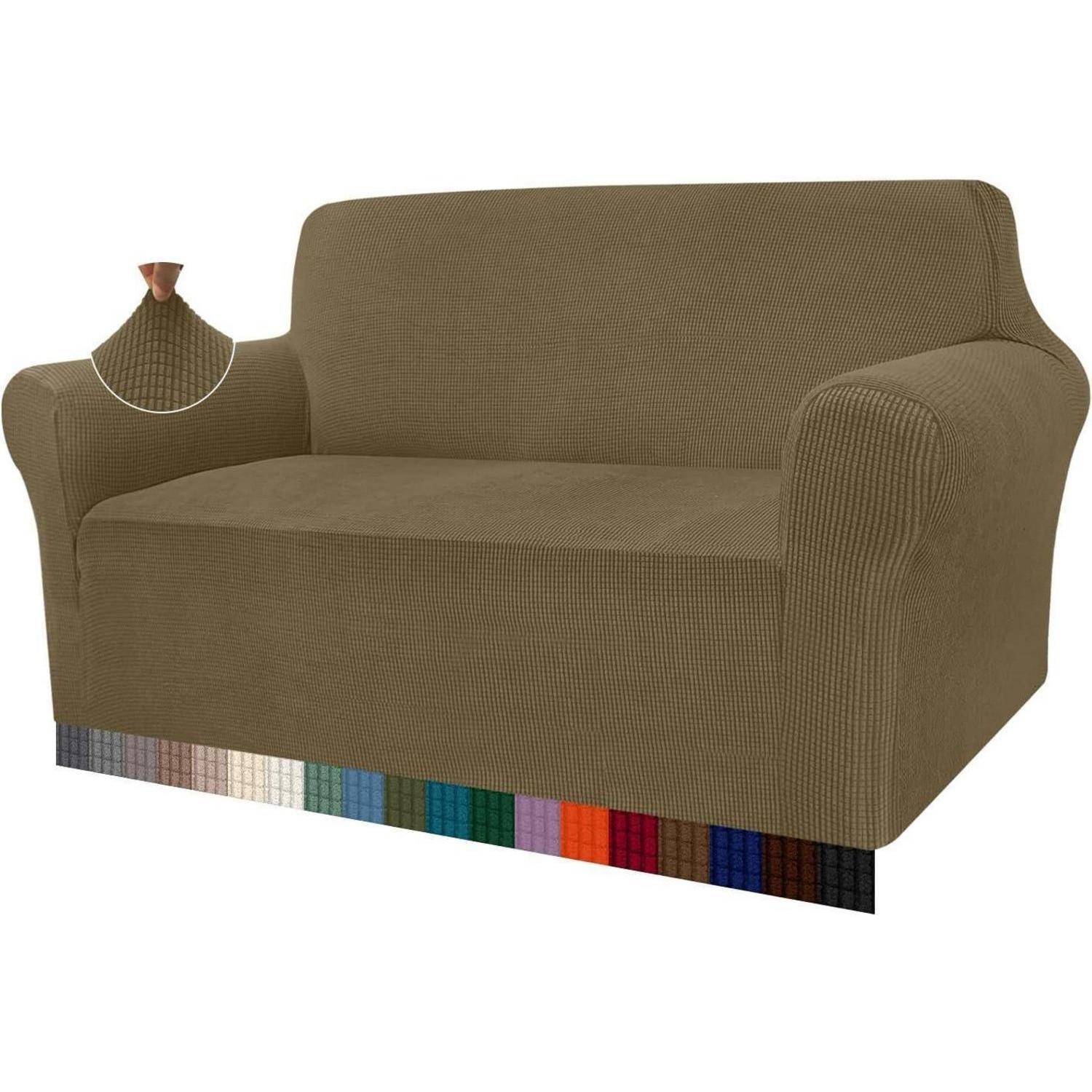 Braunes Sofa mit einem maßgeschneiderten, strukturierten Überzug, der unterhalb Stofffarben-Optionen präsentiert, die eine vielfältige Palette von Nuancen zeigt. Geeignet für zwei Personen.