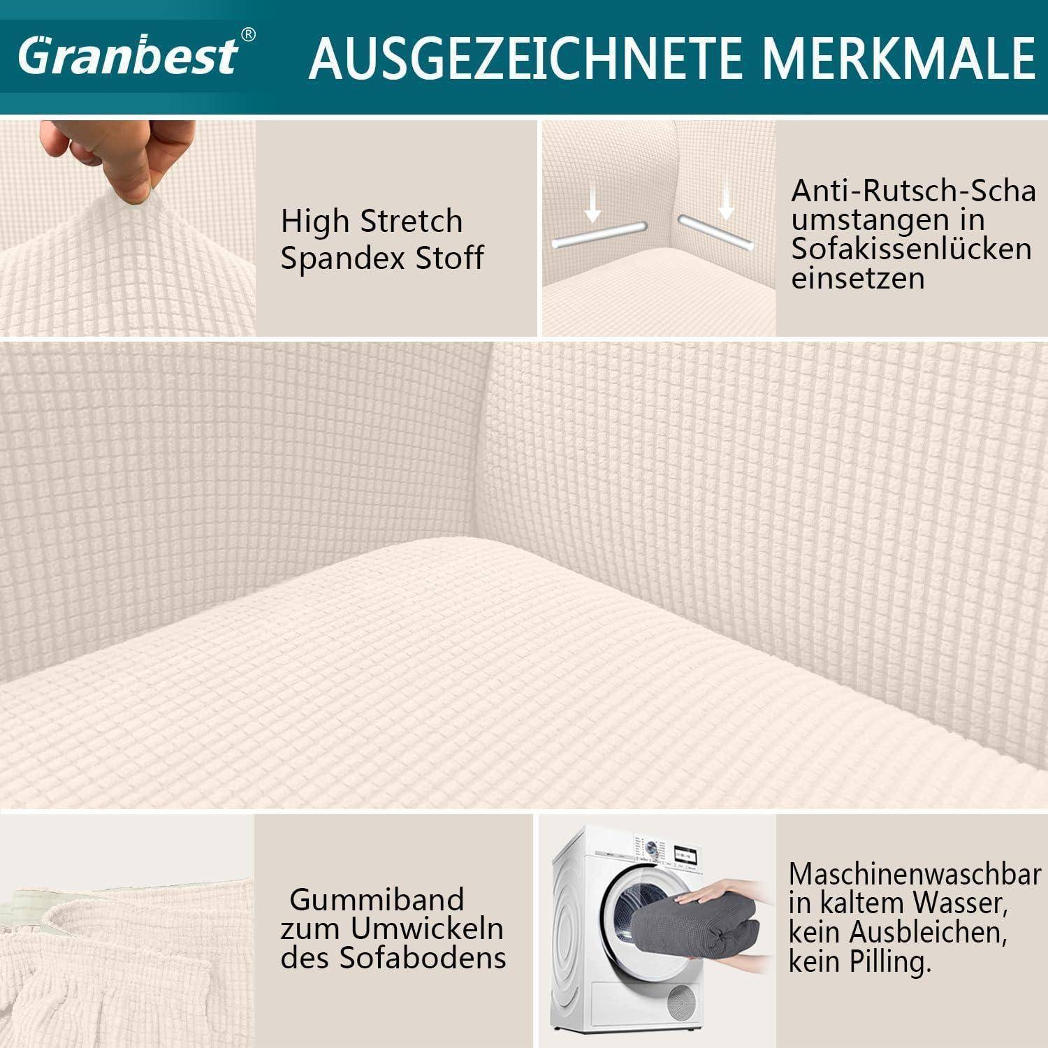 Granbest' Premium Stretch Sofa Bezug mit Schaumsticks. Mit Anti-Rutsch-Eigenschaften, rundum passender Passform und maschineller Waschbarkeit ohne Pillingbildung.