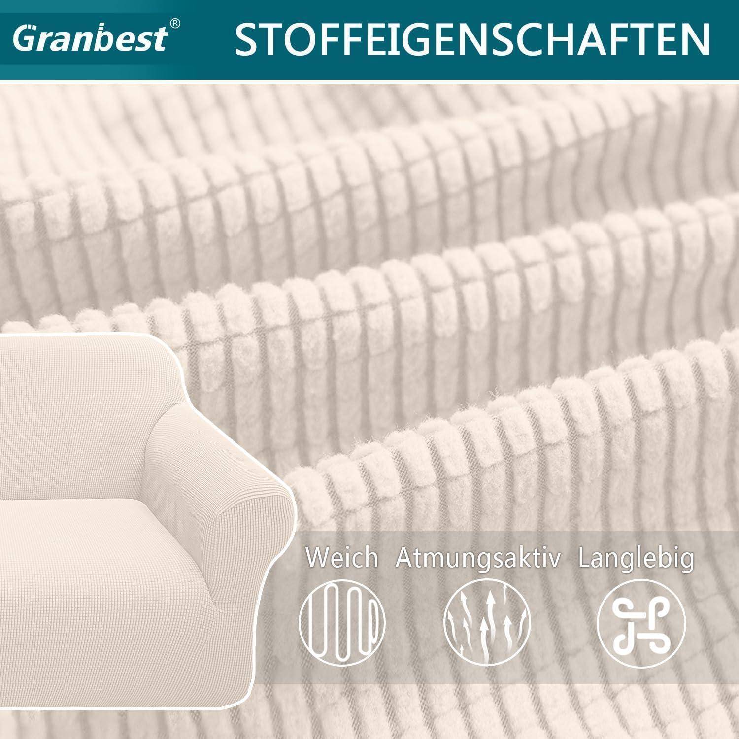 Ein weißer strukturierter Stoff mit einem Sofa in der Ecke. Der Text liest sich 
