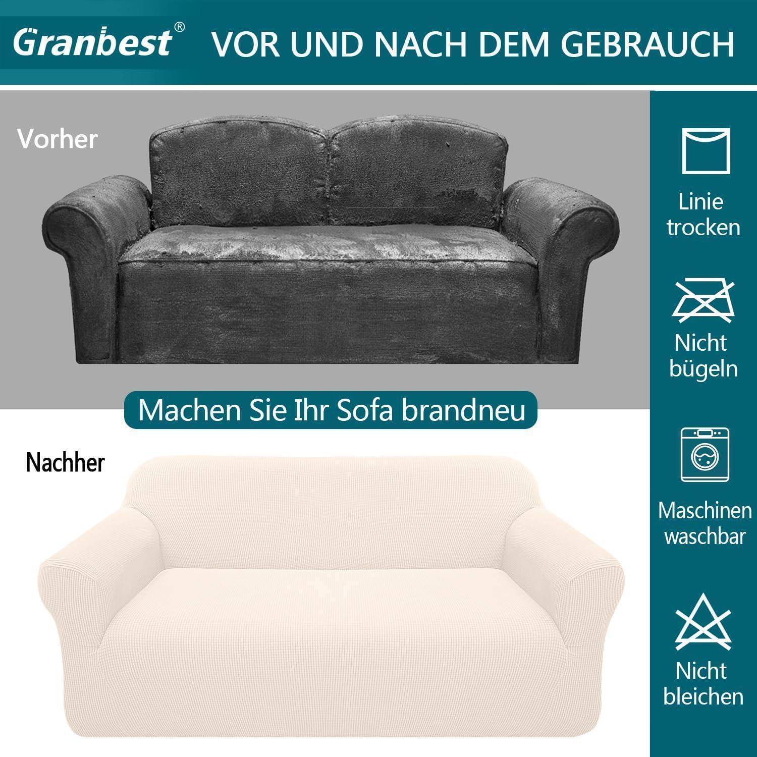 Granbest Vor und Nach dem Gebrauch.' Oben: Dunkles Sofa mit Text 'Vorher'. Unten: Helles Sofa mit Text 'Nachher'. Rechte Seite: Symbole für Produktpflege.