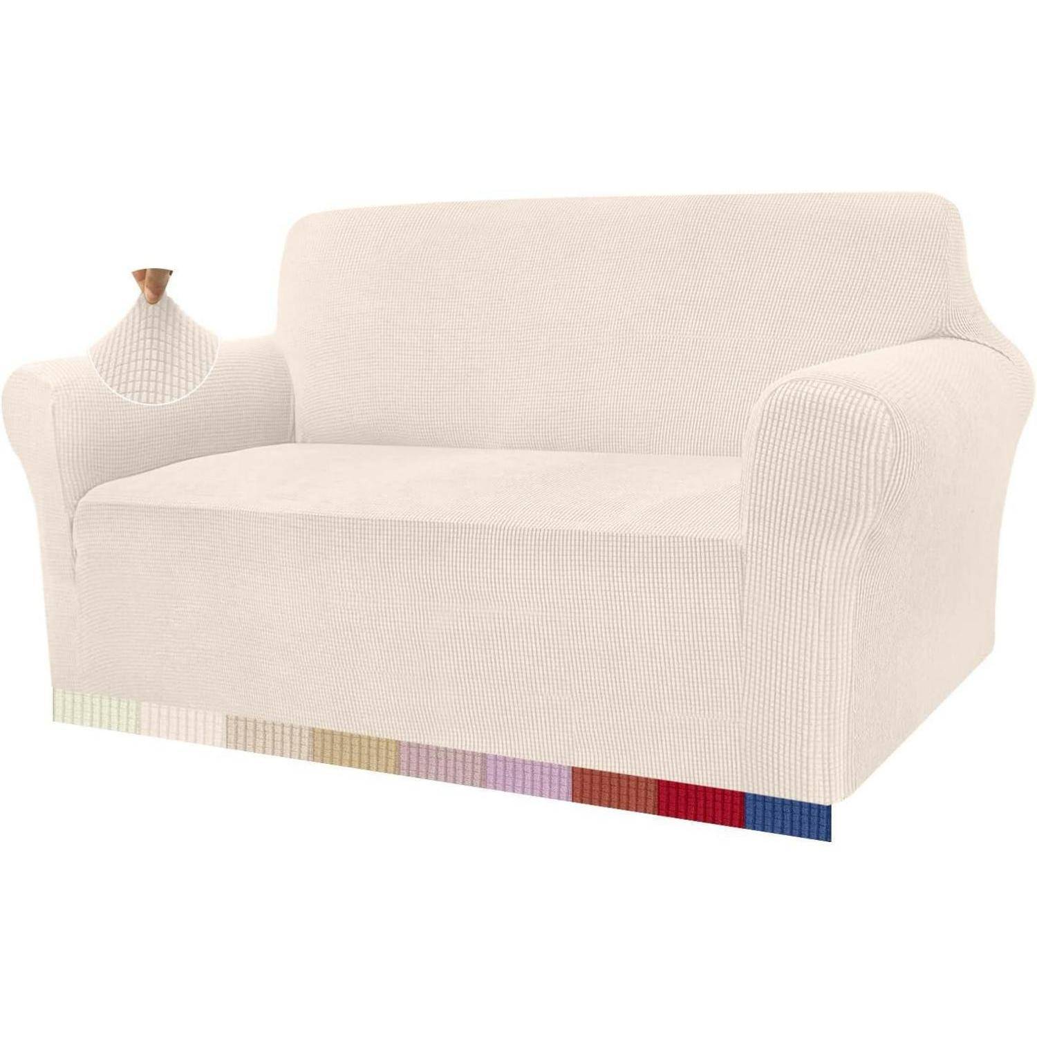 Beiges Sofa mit einem maßgeschneiderten Bezug, umgeben von Farbmustern und verschiedenen Texturen, die Stoffoptionen zur Individualisierung veranschaulichen.