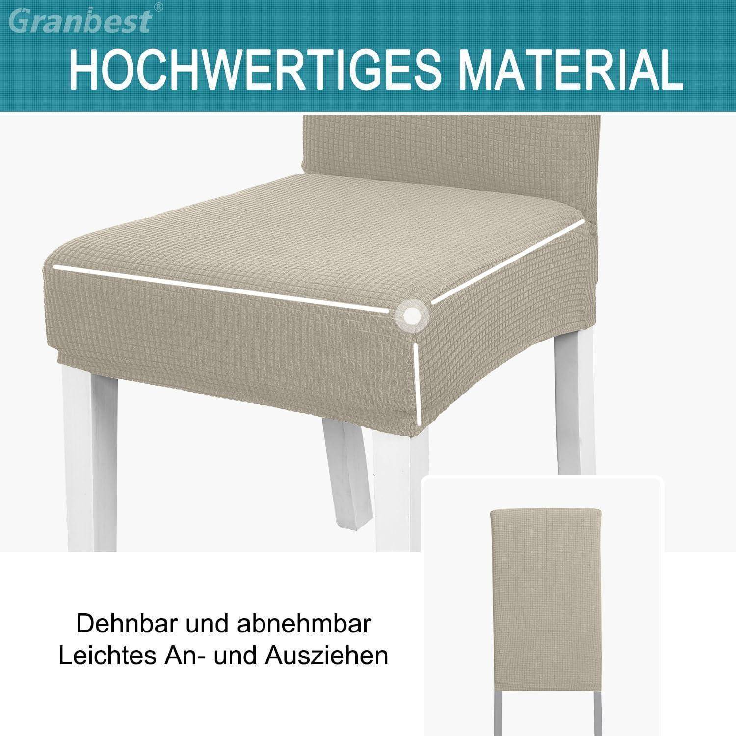 Ein beiger Stuhlbezug wird auf einem Essstuhl präsentiert, wobei sein dehnbares, abnehmbares Material hervorgehoben wird. Der Text lautet 