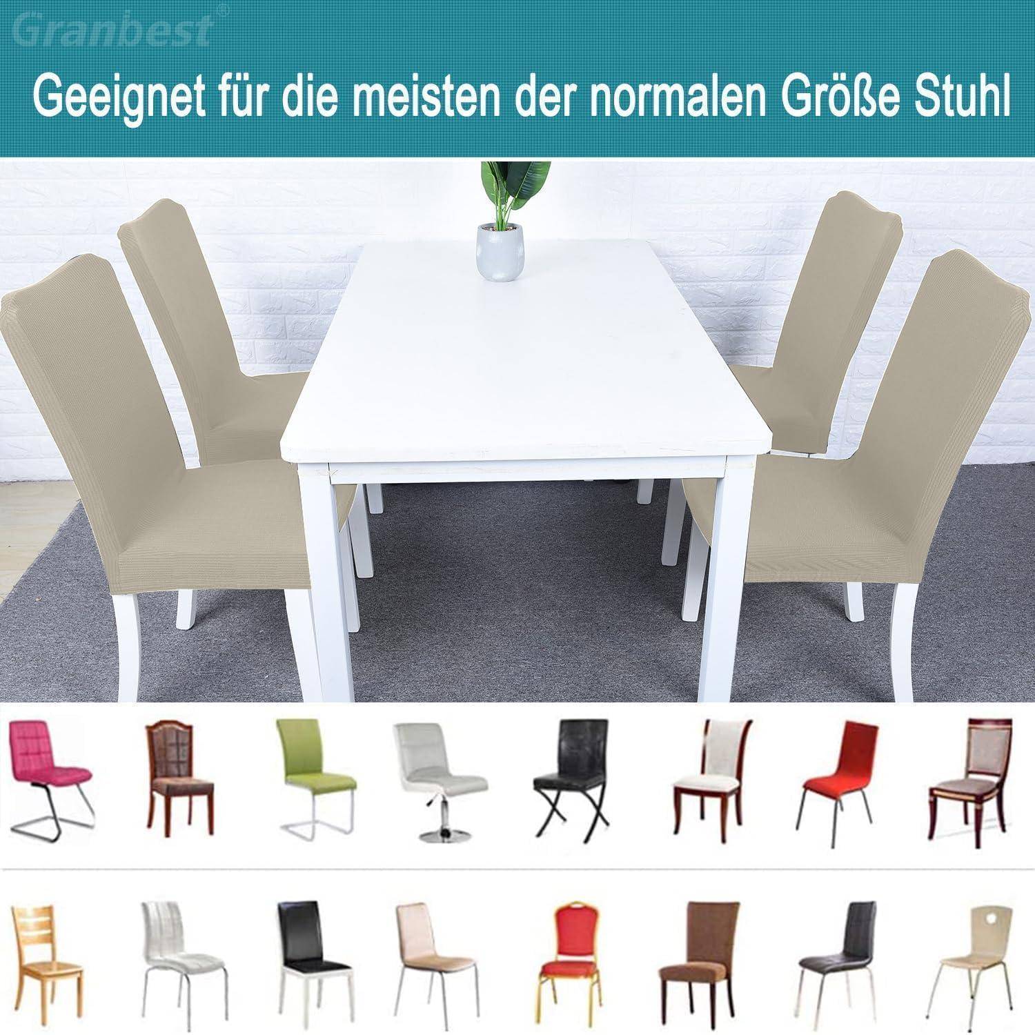 Sechs Essstühle mit beigen Bezügen um einen weißen Tisch herum, mit einer Bildunterschrift auf Deutsch über die Passgenauigkeit der Stühle. Verschiedene Stuhldesign-Symbole darunter.