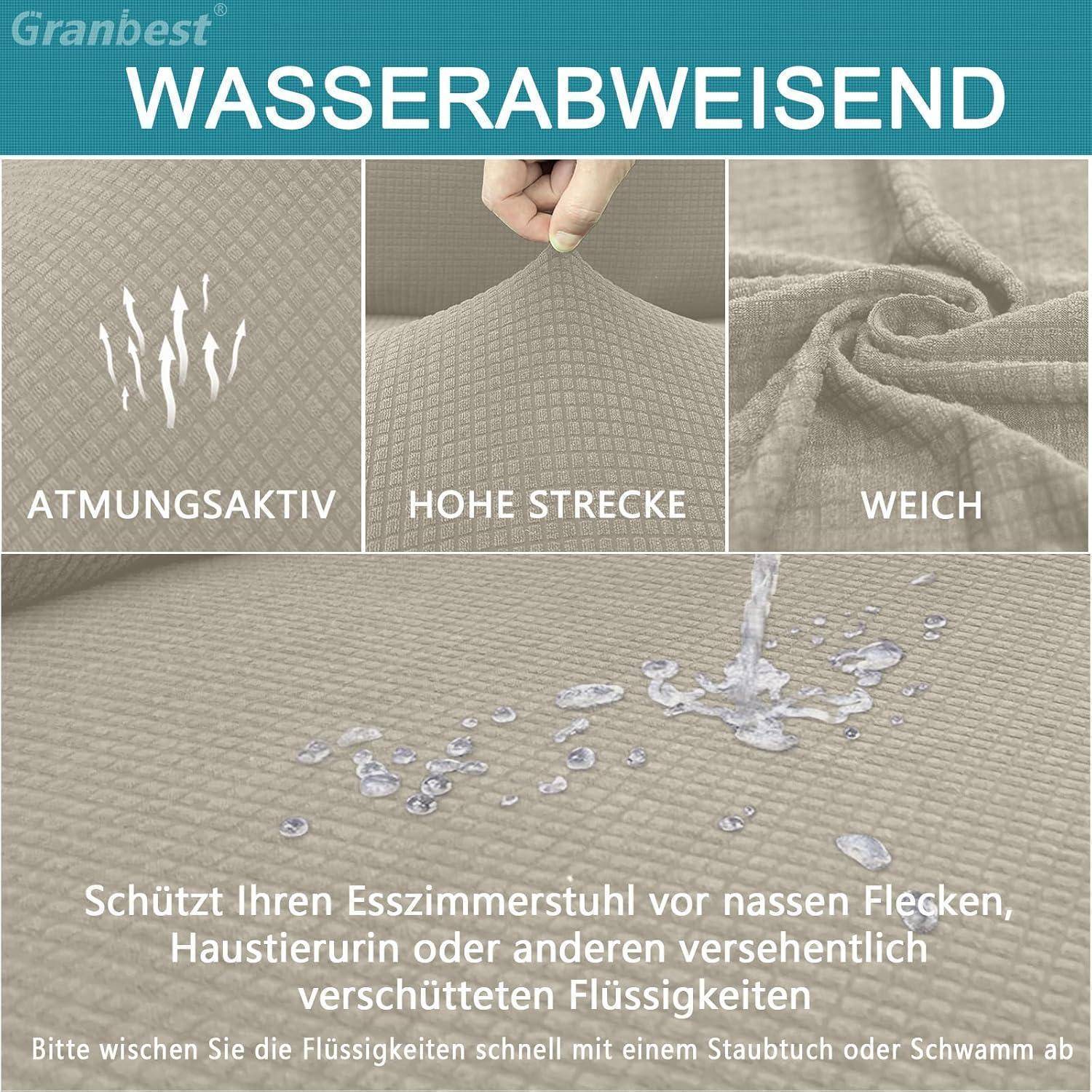 Wasserdichter Stuhlüberzug mit Text: 'Atmungsaktiv, Hohe Elastizität, Weich.' Bild zeigt Wassertropfen auf Stoffoberfläche.
