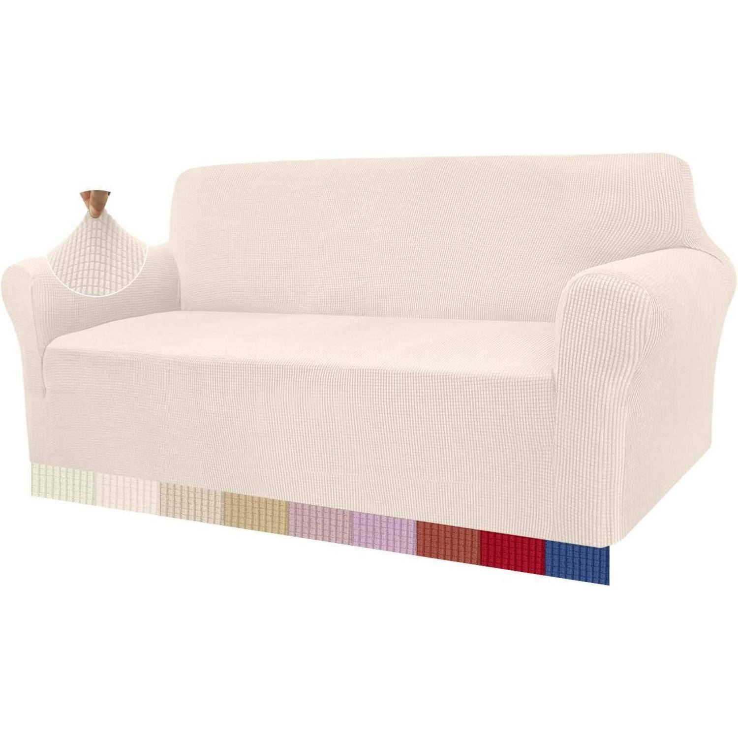 Eine beige Sofaüberzug wird mit einer kleinen Pendelleuchte präsentiert. Darunter befinden sich Farbmuster, die verschiedene Farboptionen einschließlich neutraler Töne, Rosa- und Blautönen zeigen.