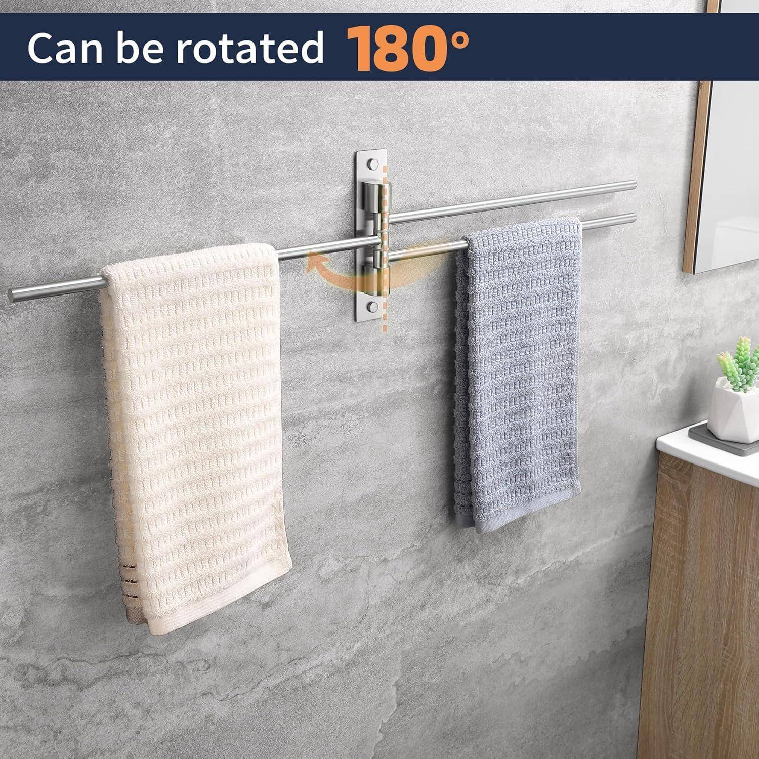 Zwei Handtücher hängen an einem modernen, wandmontiertem Handtuchhalter in einer eleganten Badezimmerumgebung, mit einer Notiz, die besagt „Um 180° drehbar".