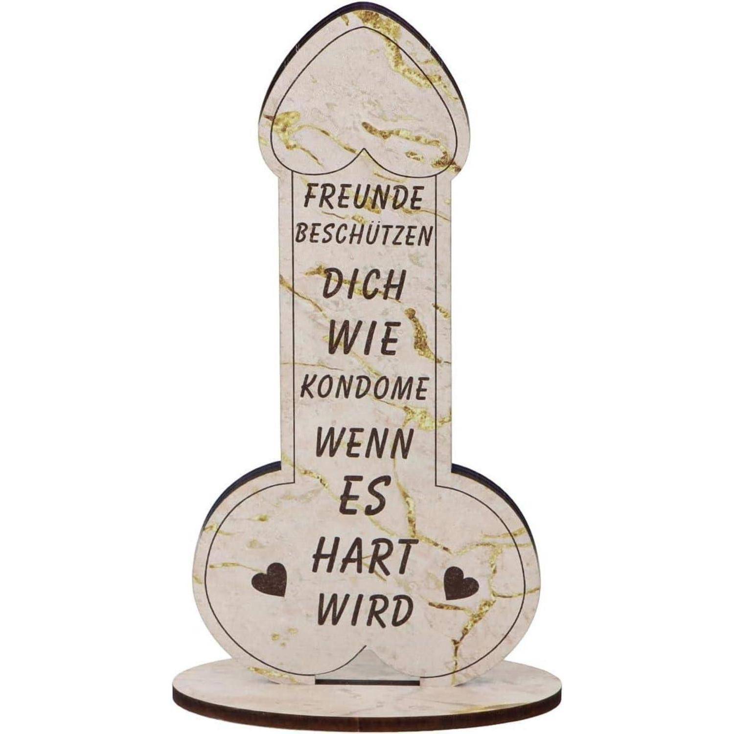 Eine marmorierte, Novelty-Statue in Form eines phallusförmigen Symbols mit deutschem Text über Freundschaft und Unterstützung.
