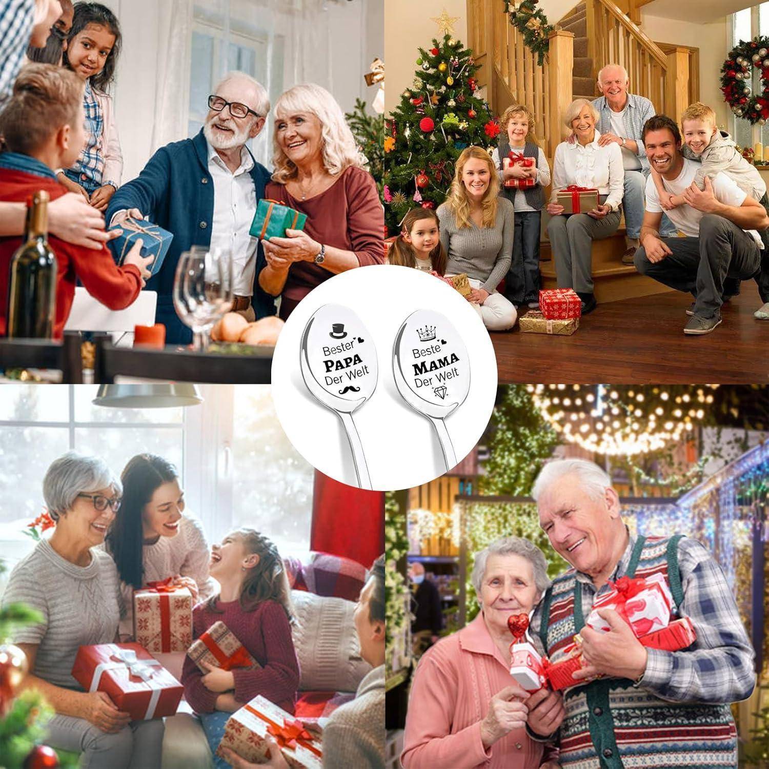 Eine Collage von vier familiären Feiertreffen, die Geschenkaustausch und festliche Dekoration zeigen und Wärme und Zusammengehörigkeit hervorheben.