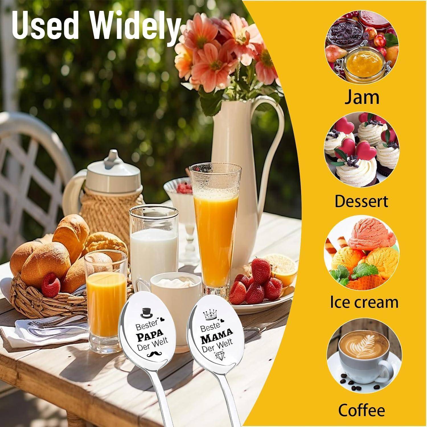Ein Frühstückstisch mit Croissants, Orangensaft, Milch und einer Teekanne, der verschiedene Verwendungsmöglichkeiten hervorhebt: Marmelade, Dessert, Eis, Kaffee.