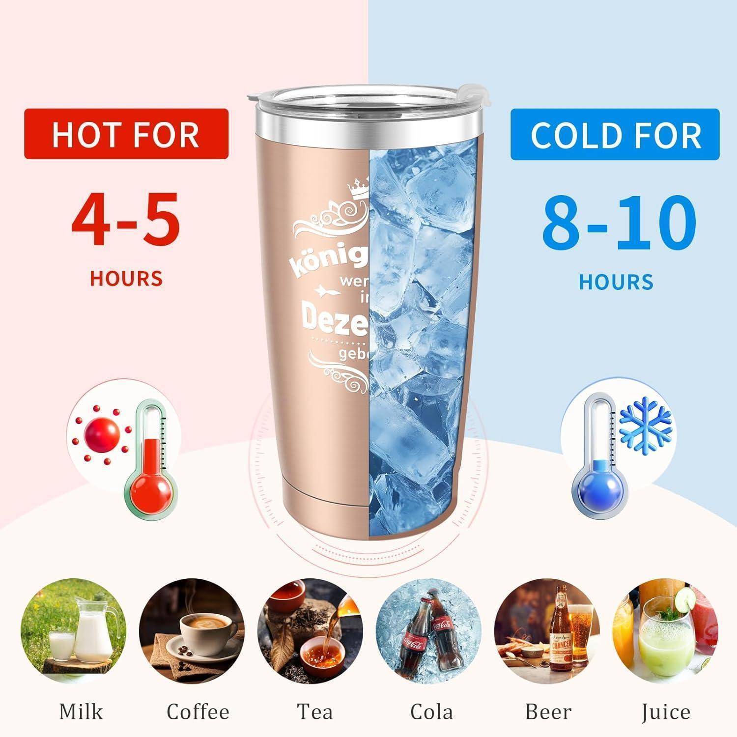 Thermische Tasse Illustration, die zeigt, dass heiße Getränke 4-5 Stunden warm und kalte Getränke 8-10 Stunden kühl bleiben; abgebildet sind Tassen mit Milch, Kaffee, Tee, Cola, Bier und Saft.