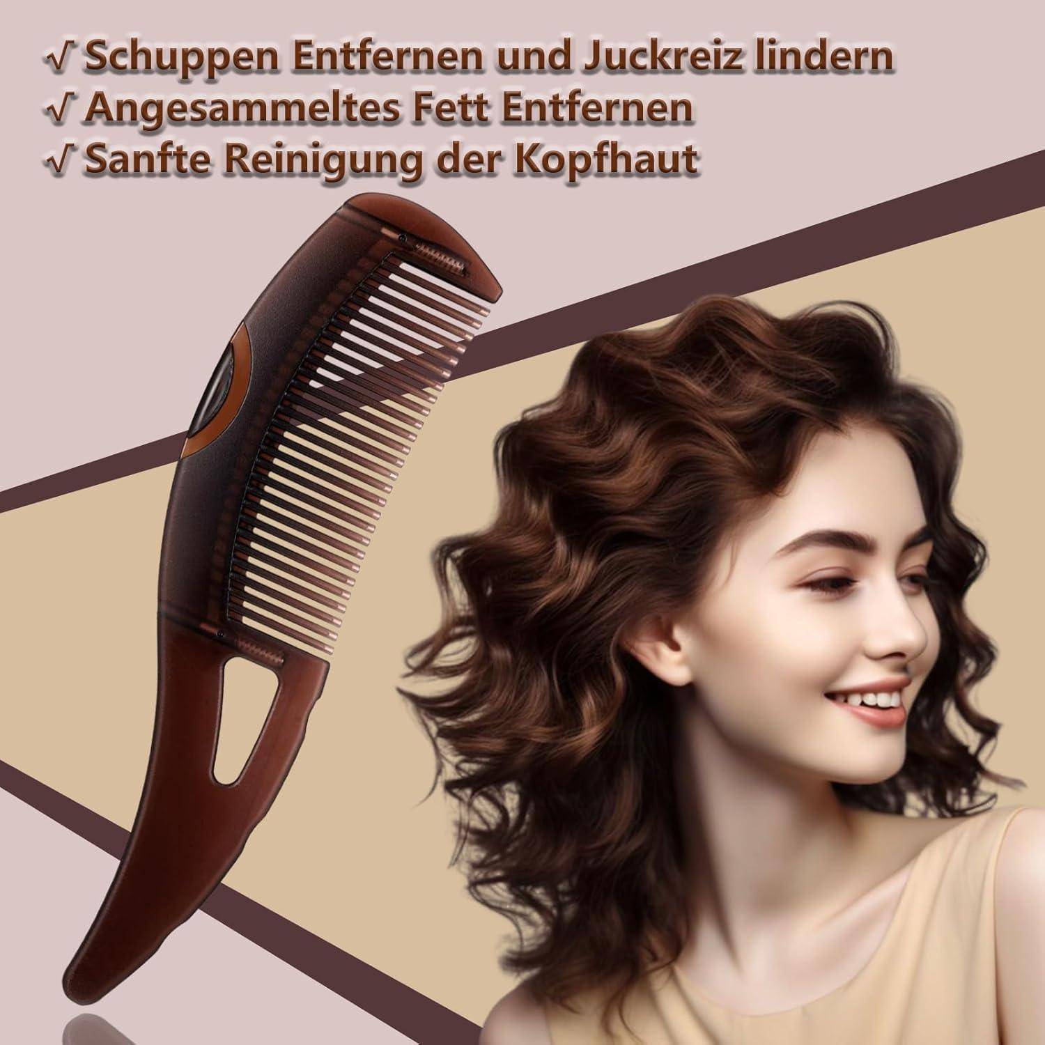 Eine Person mit gewelltem Haar lächelt neben einem Haarkamm. Der deutsche Text erwähnt Entfernung von Schuppen, Fettentfernung und sanfte Kopfhautreinigung.