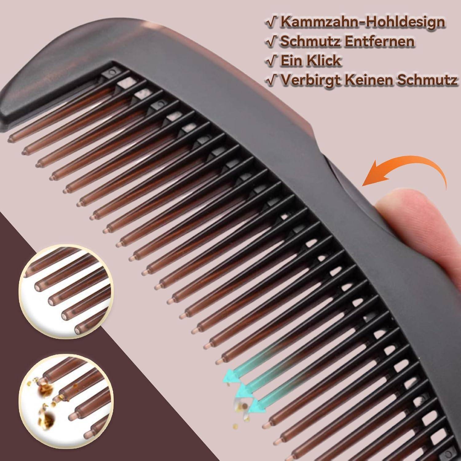 Nahaufnahme einer Hand, die einen braunen Kamm hält, mit Text auf Deutsch, der folgende Eigenschaften auflistet: 'Kammzahn-Hohldesign', 'Schmutz Entfernen', 'Ein Klick', 'Verbirgt Keinen Schmutz'.