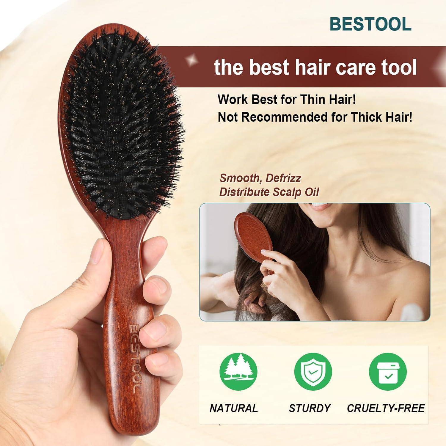 Eine Person hält einen Haarbrush mit der Bezeichnung 'BESTOOL'. Text lautet 'Das beste Haarpflegewerkzeug', 'Funktioniert am besten für dünnes Haar! Nicht empfohlen für dickes Haar!'. Symbole zeigen 'NATÜRLICH', 'ROBUST', 'TIERVERSUCHSFREI'.
