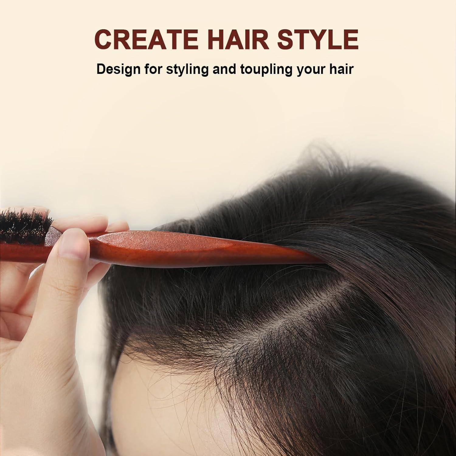 Eine Person, die ihr Haar mit einer Bürste stylt und sich dabei auf den oberen Abschnitt konzentriert. Text lautet: 'HAARSTYLING KREIEREN Design zum Stylen und Anordnen deiner Haare.