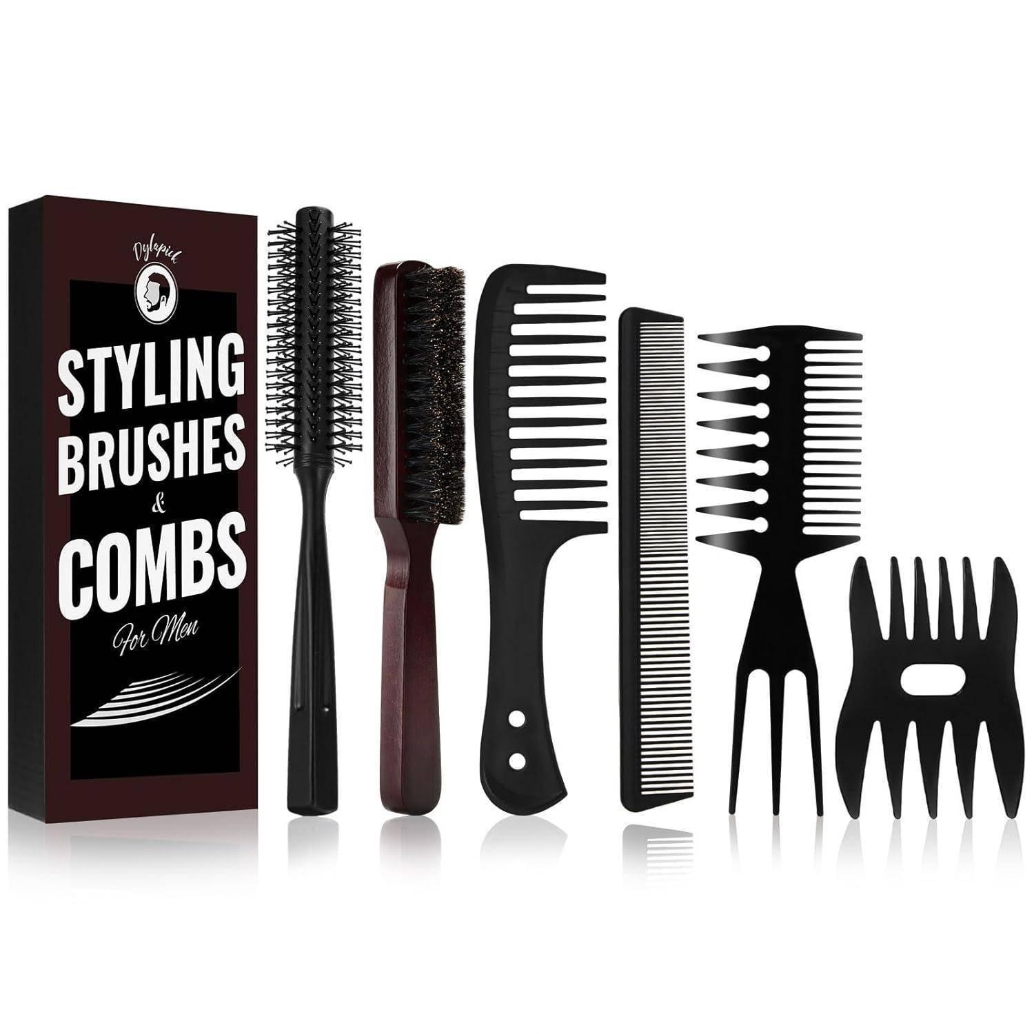Styling-Bürsten & Kämme für Männer' Set umfasst verschiedene Bürsten und Kämme zur Haarpflege. Schwarze und braune Werkzeuge sind in einer Reihe angeordnet.