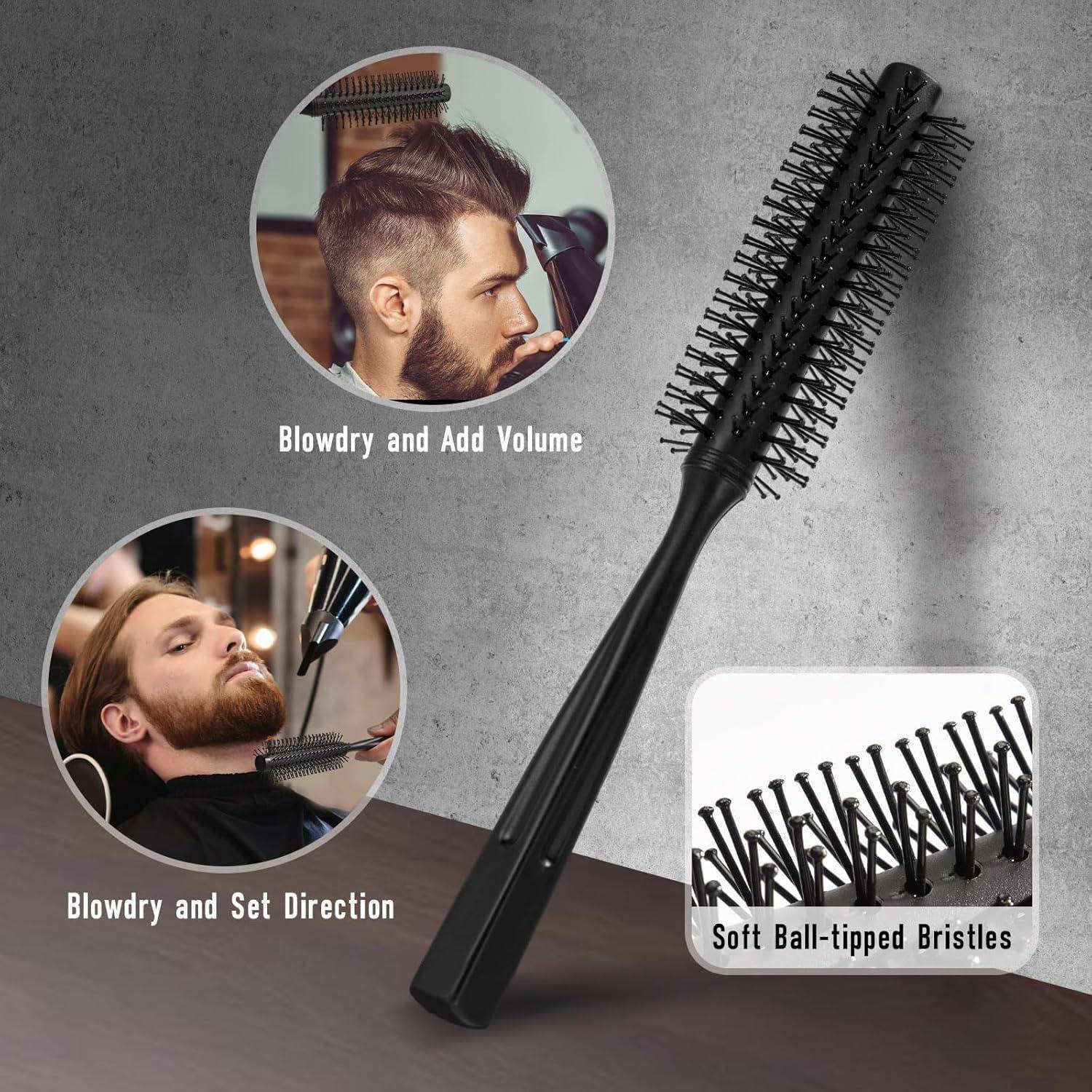 Ein schwarzer runder Haarb­ürste mit weichen, kugelförmigen Borsten ist abgebildet. Eingesetzte Bilder zeigen ‚Föhnen und Volumen geben' und ‚Föhnen und Haarrichtung festlegen'.
