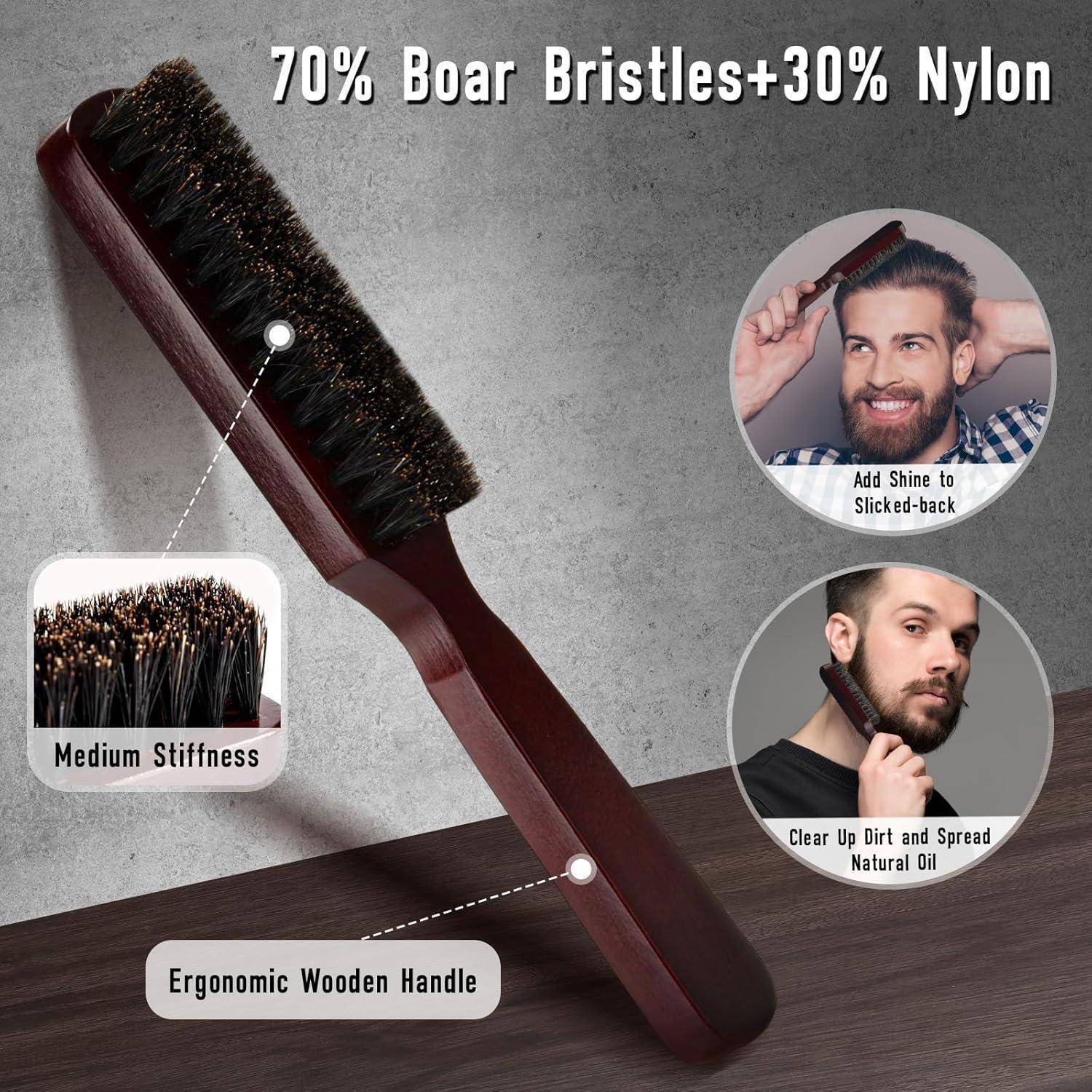 Bürste mit '70% Wildschweinborsten + 30% Nylon', gezeigt zum Glanzauftrag und Reinigung. Merkmale umfassen mittlere Steifigkeit und ergonomischen Holzgriff.