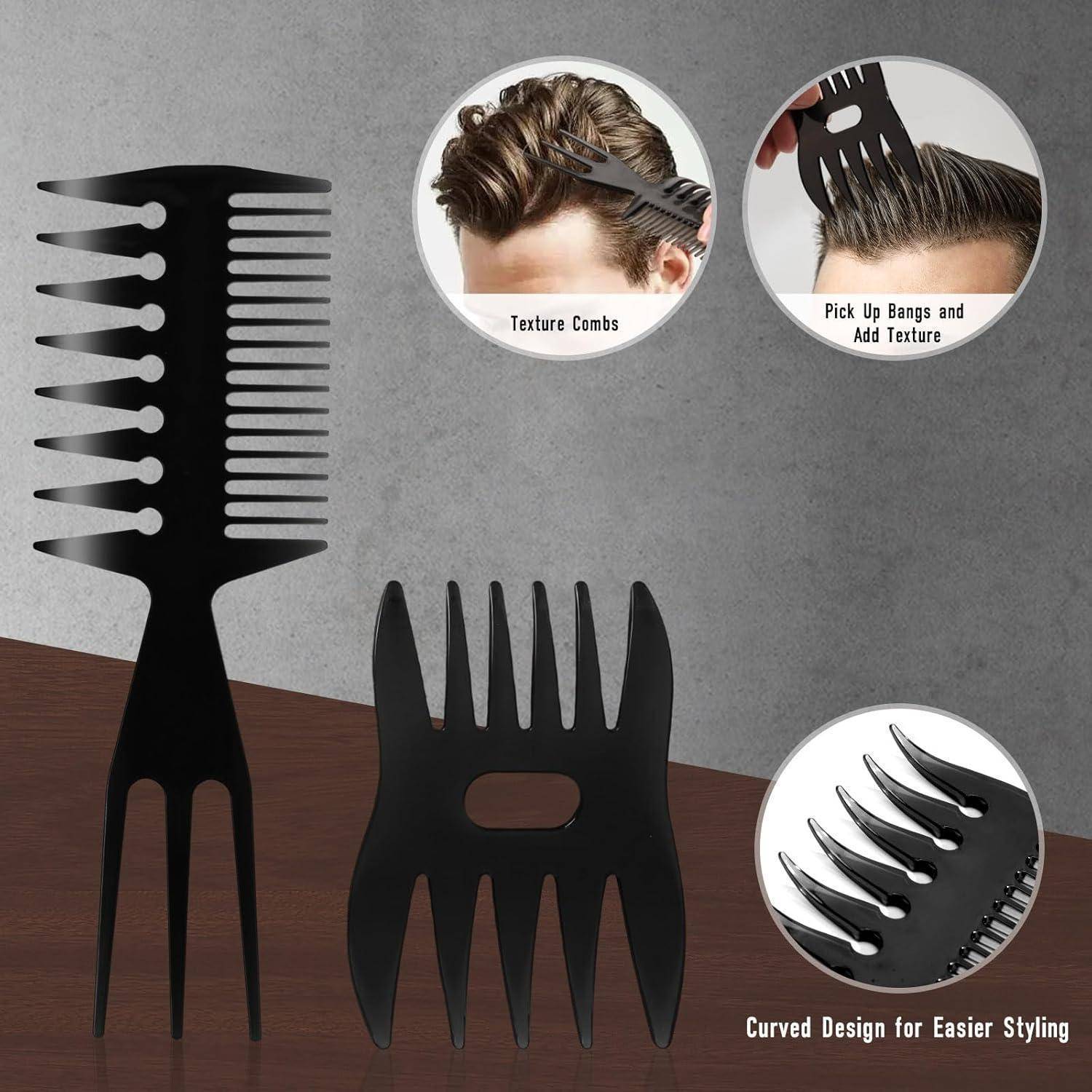 Zwei schwarze Strukturkämme mit geschwungenen Designs für einfachere Styling-Möglichkeiten. Eingesetzte Bilder zeigen Kämme, die Pony aufnehmen und Textur ins Haar bringen.