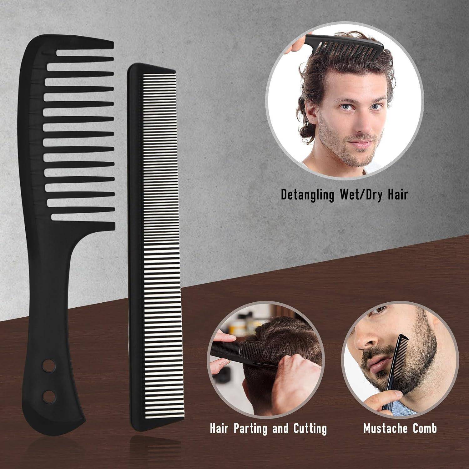 Ein schwarzer Breitzahn-Kamm und ein Feinkamm sind abgebildet. Einschübe zeigen die Verwendung des Kamms zum Entknoten von nassen/trockenen Haaren, zum Haare Scheitel und zur Bartpflege.