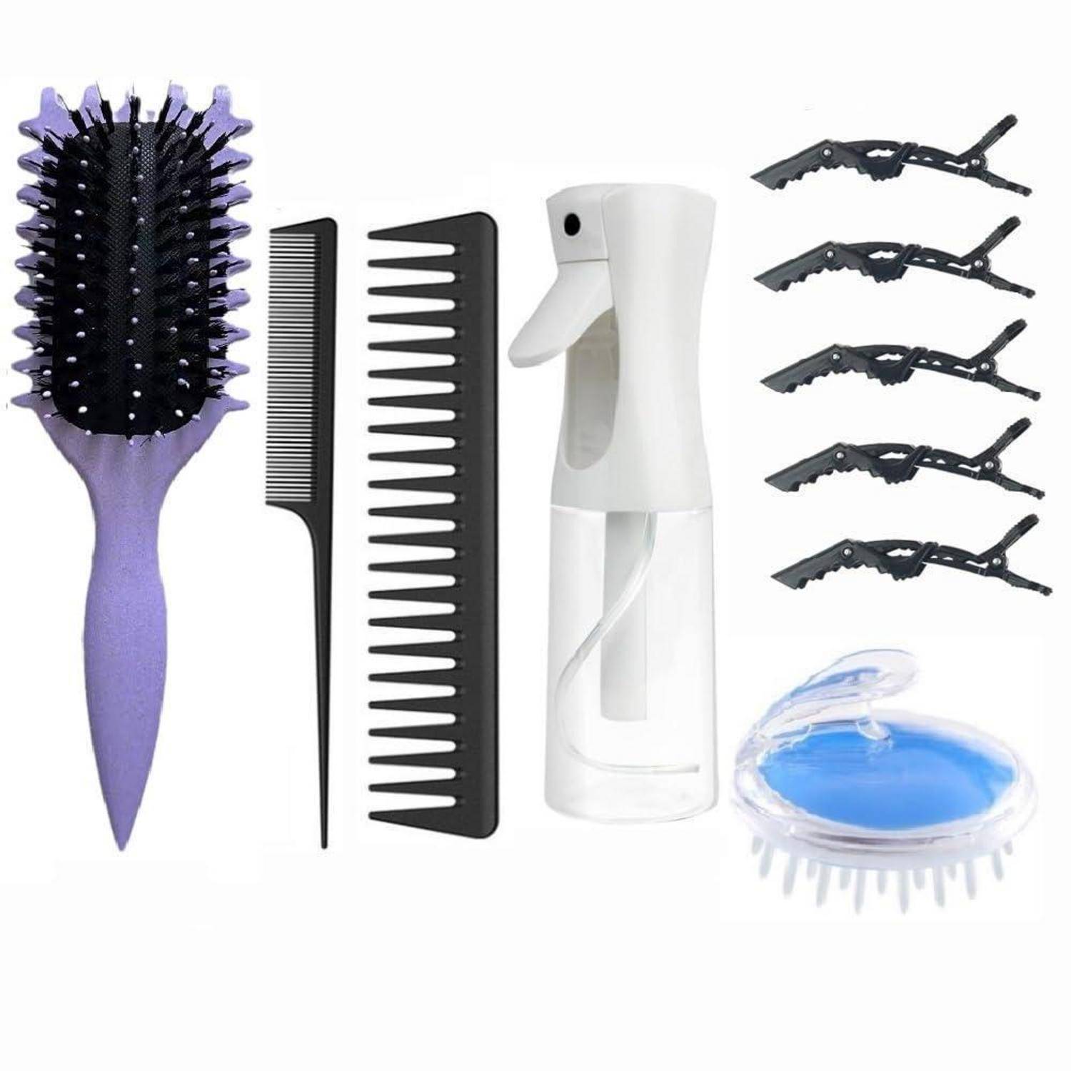 Haarstyling-Set mit einer lila Bürste, breitem und schmalem Kamm, weißer Sprühflasche, vier schwarzen Haarklammern und einem blauen Kopfhautmassager.
