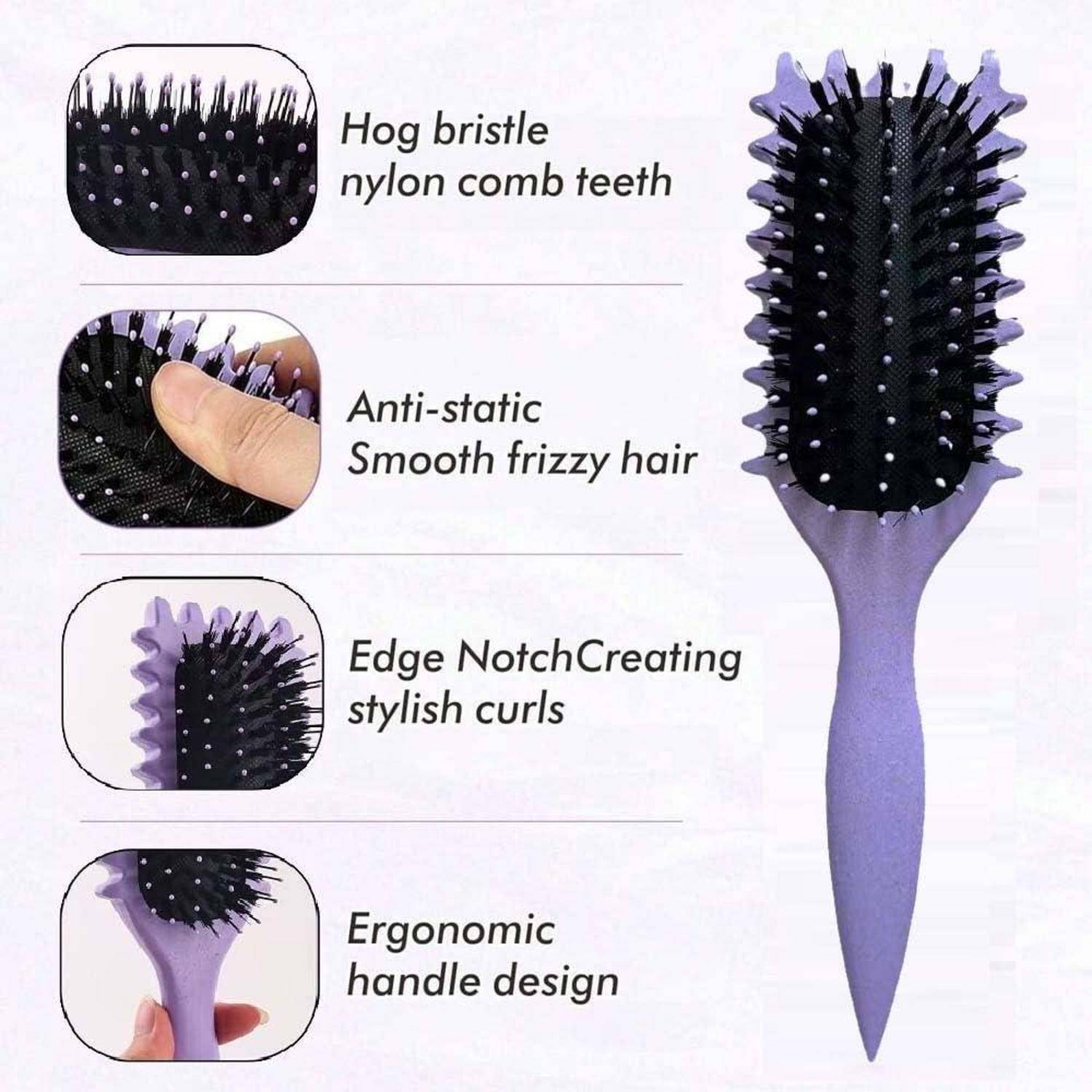 Lila Haarburste mit Borsten aus Schweinehaar und Nylonzähnen, mit antistatischen Eigenschaften, Kantenkerbe für Locken und ergonomischem Griff als Highlight-Merkmale.
