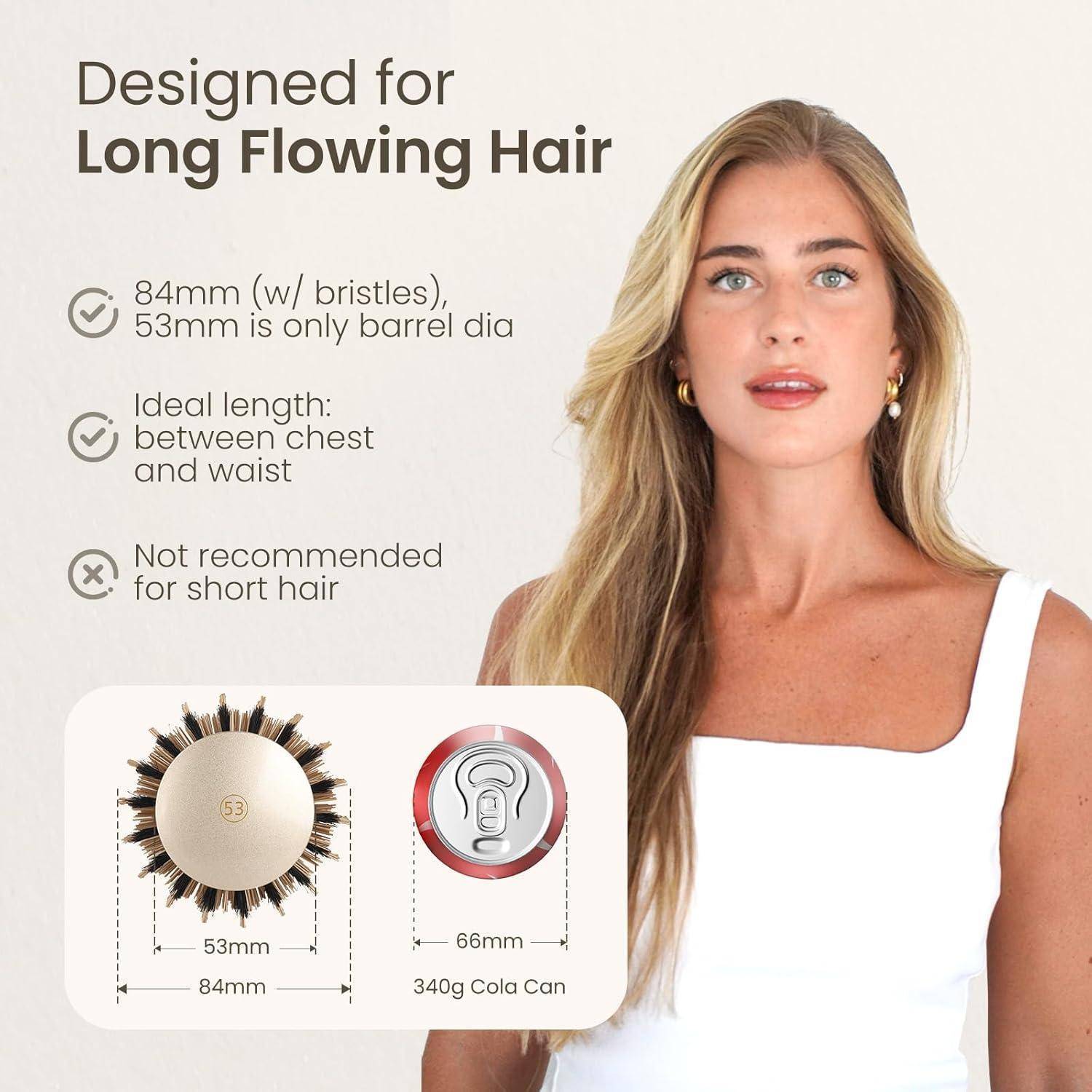 Frau mit langen Haaren, neben Text über eine Haarbürste: 