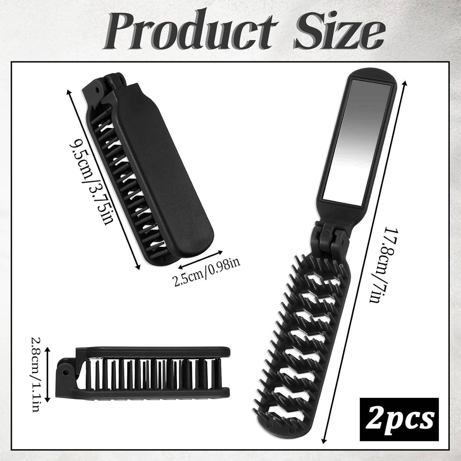 Klappbare Haarbrürste mit Spiegel, 17,8 cm geöffnet, 9,5 cm geschlossen, 2,5 cm breit und 2,8 cm dick. Verpackungsinhalt: 2 Stück.