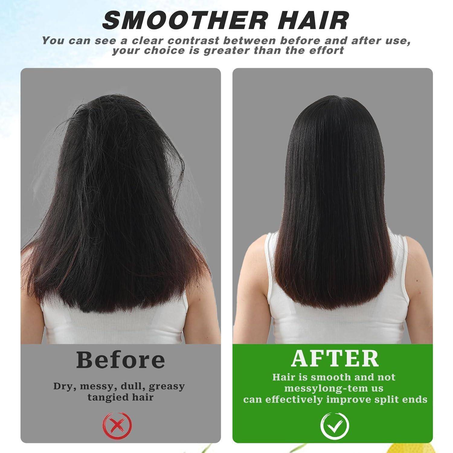 Vergleich von Haar vor und nach der Behandlung. Links: zerzaust und stumpf. Rechts: glatt und glänzend. Text hebt den Kontrast und die Verbesserung bei gespaltenen Haarspitzen hervor.