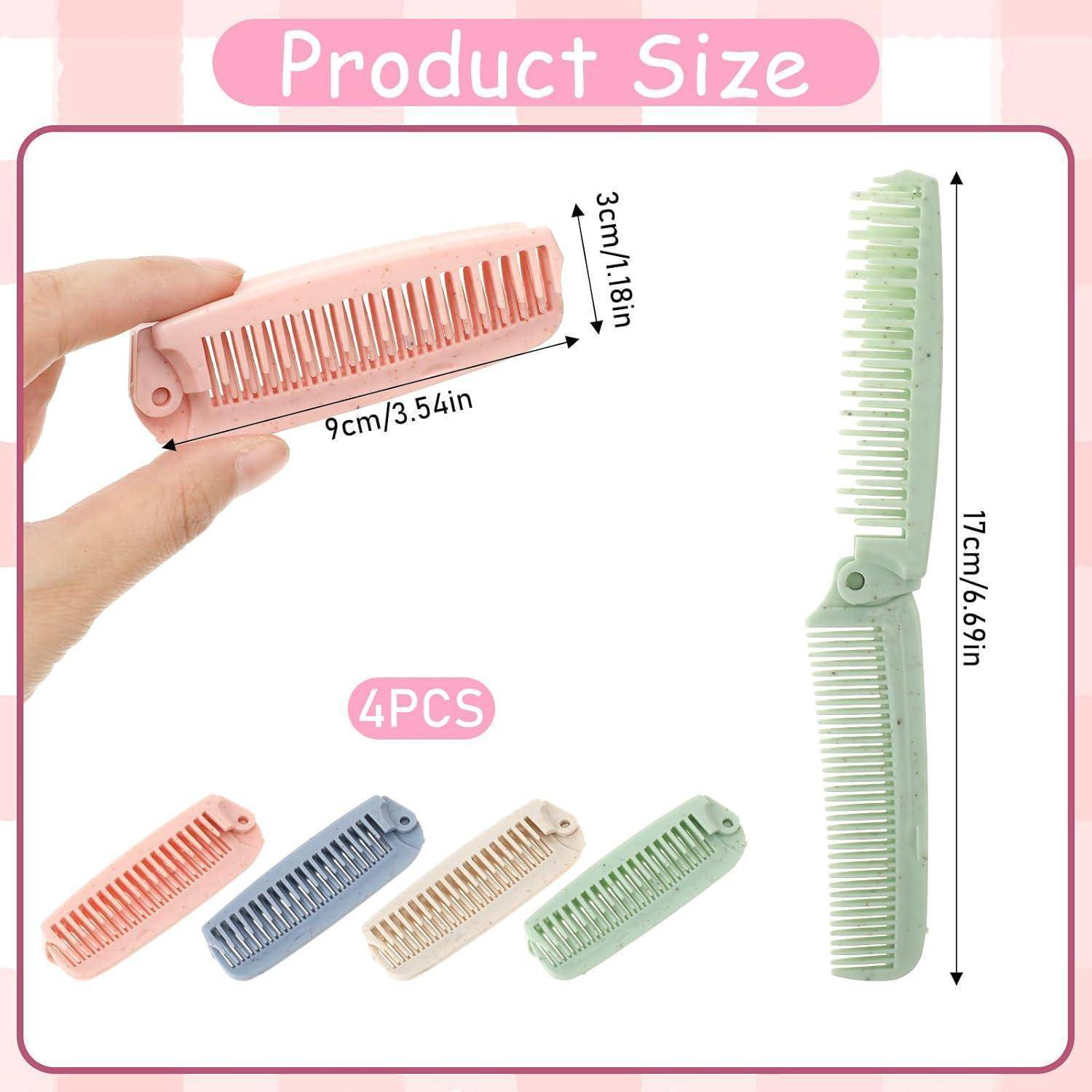 Produktgröße' Bild, das einen rosa und grünen Klappkamm zeigt. Rosa Kamm misst 9 cm/3,54 Zoll, wenn er geschlossen ist. Grüner Kamm ist 17 cm/6,69 Zoll, wenn er geöffnet ist. Enthält 4 Stück in rosa, blau, beige und grün.