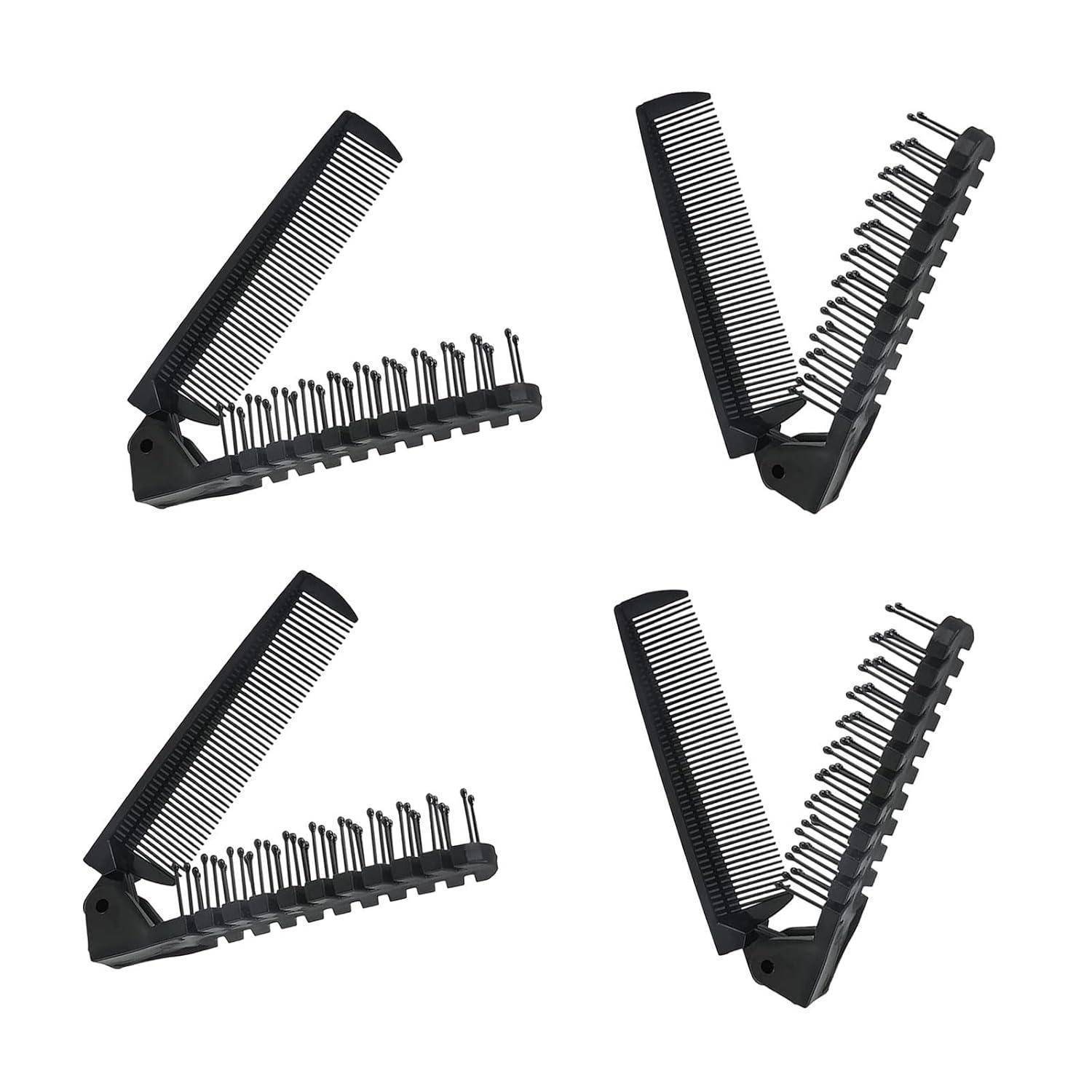 Vier schwarze Klappmesser-Kämme sind geöffnet unter verschiedenen Winkeln ausgelegt, wobei die Kammzähne und der Griff mit metallischen Details sichtbar sind.
