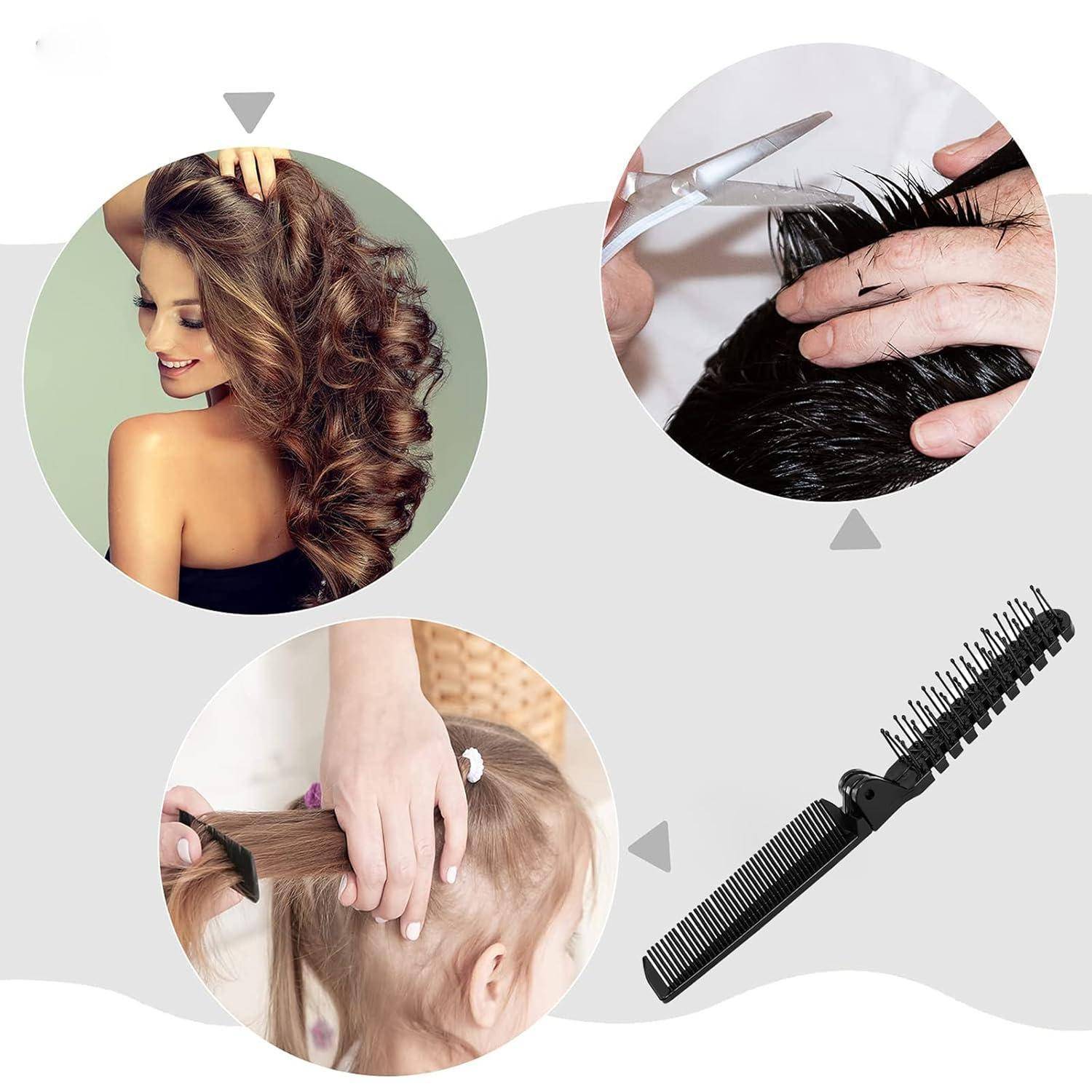 Eine Collage, die eine Frau mit gestyltem Haar zeigt, Hände, die einem Mann die Haare schneiden, eine Hand, die einem Kind die Haare kämmt, und einen schwarzen Kamm.