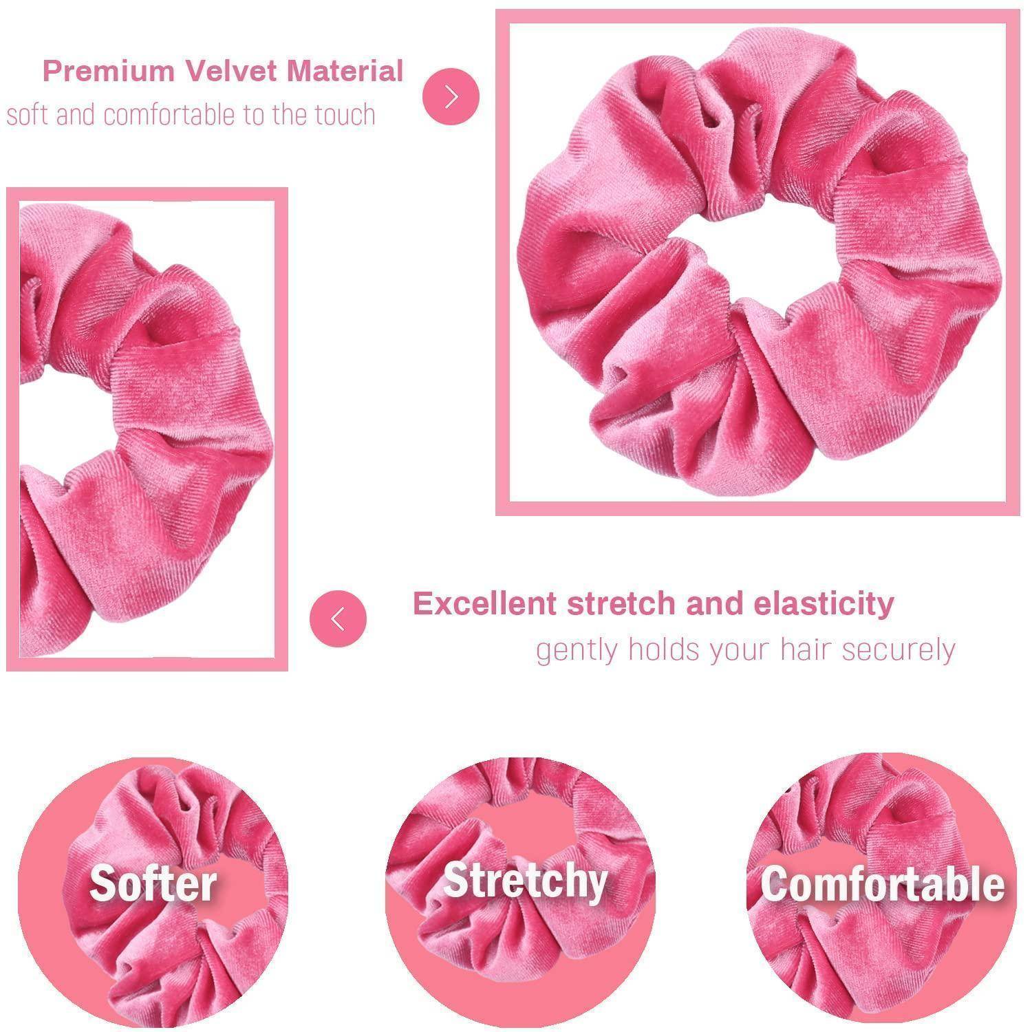 Ein rosa Samt-Haargummi wird präsentiert, wobei der hochwertige Samtbezug und die hervorragende Dehnbarkeit betont werden. Beschreibungen heben 'Weicher', 'Dehnbar' und 'Komfortabel' hervor.