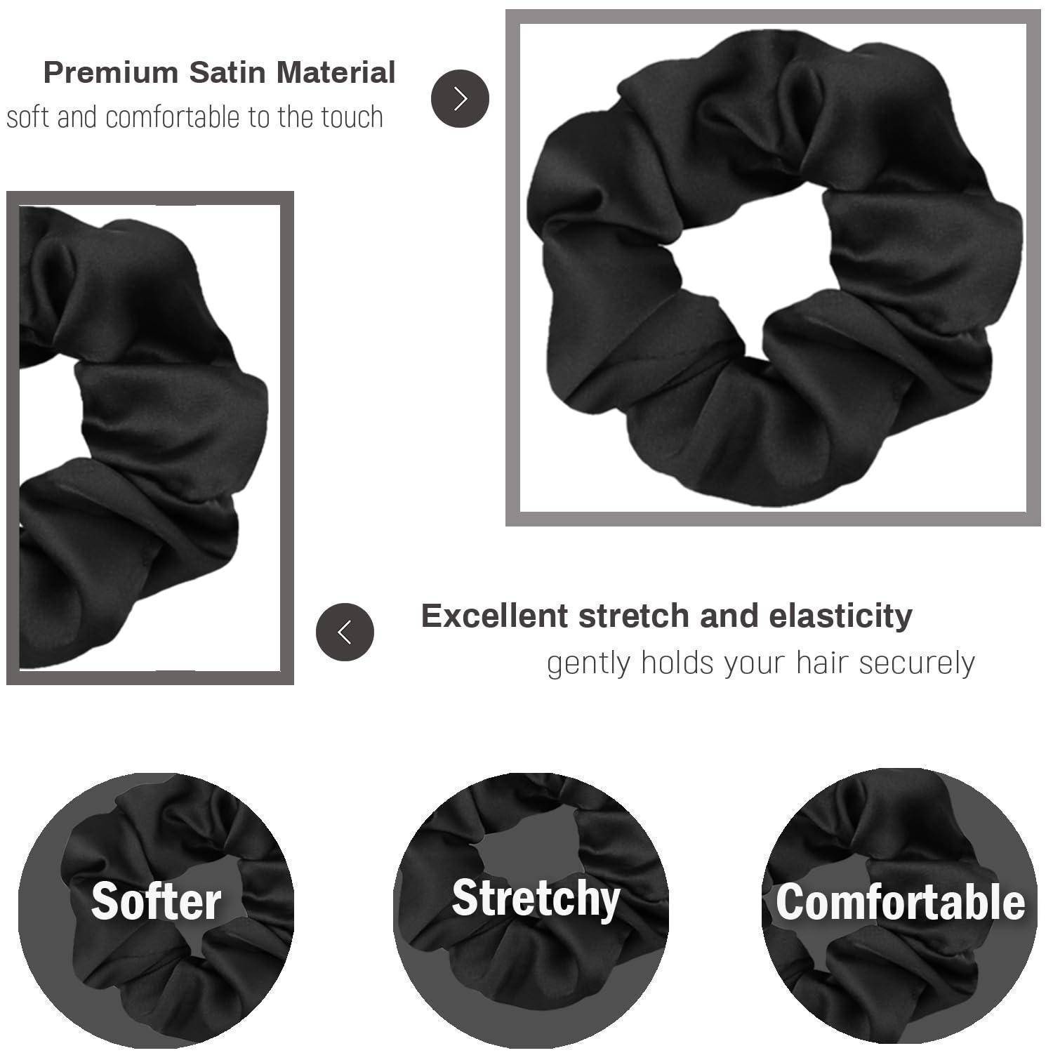 Ein schwarzer Satin-Haargummi mit den Aufschriften 'Premium Satinmaterial' und 'Hervorragende Dehnung und Elastizität'. Symbole darunter zeigen 'Weicher', 'Dehnbar', 'Bequem'.