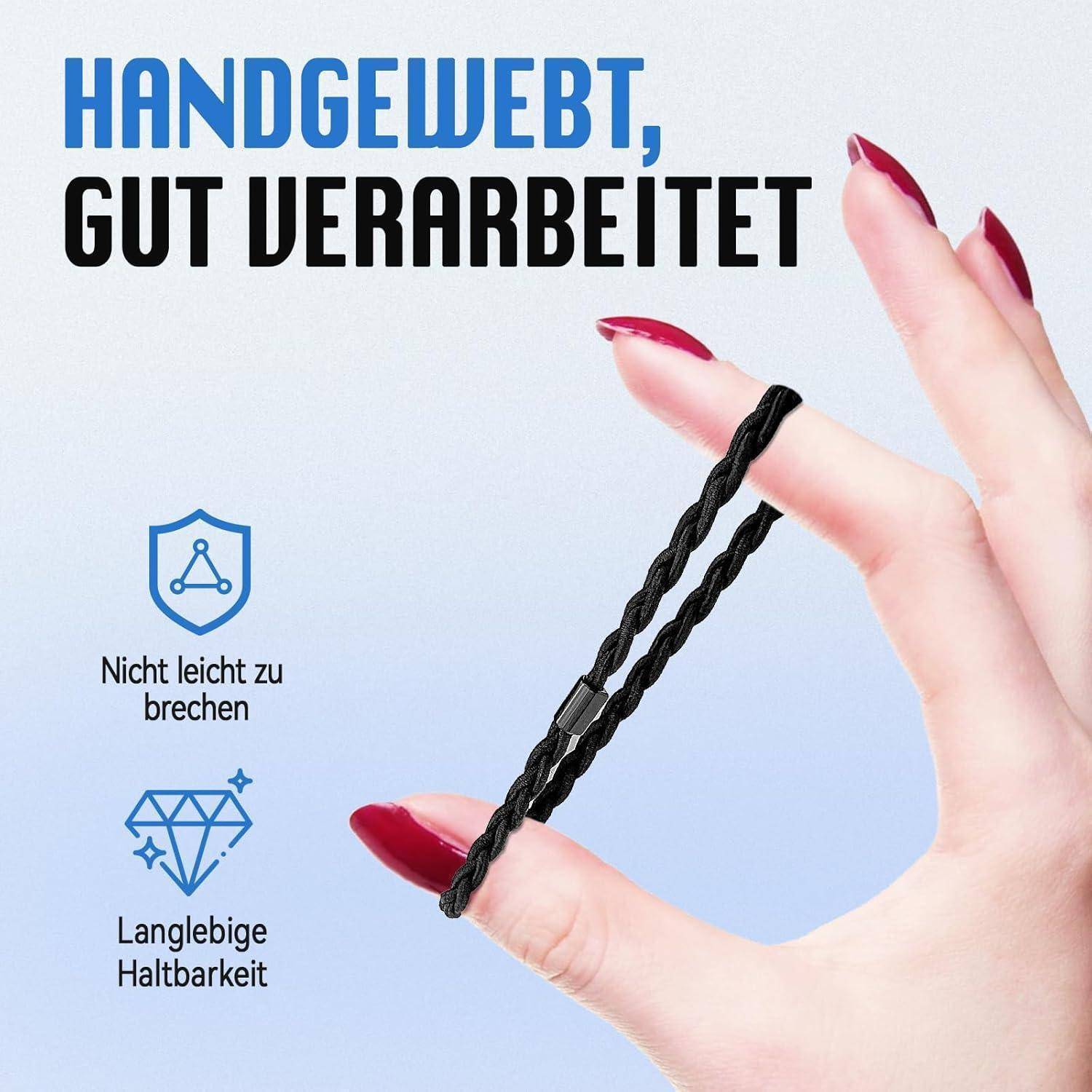 Hand, die ein schwarzes geflochtenes Gegenstand hält. Text auf Deutsch betont Haltbarkeit: 'Handgewebt, Gut verarbeitet'. Symbole unterstreichen Stärke und Langlebigkeit.