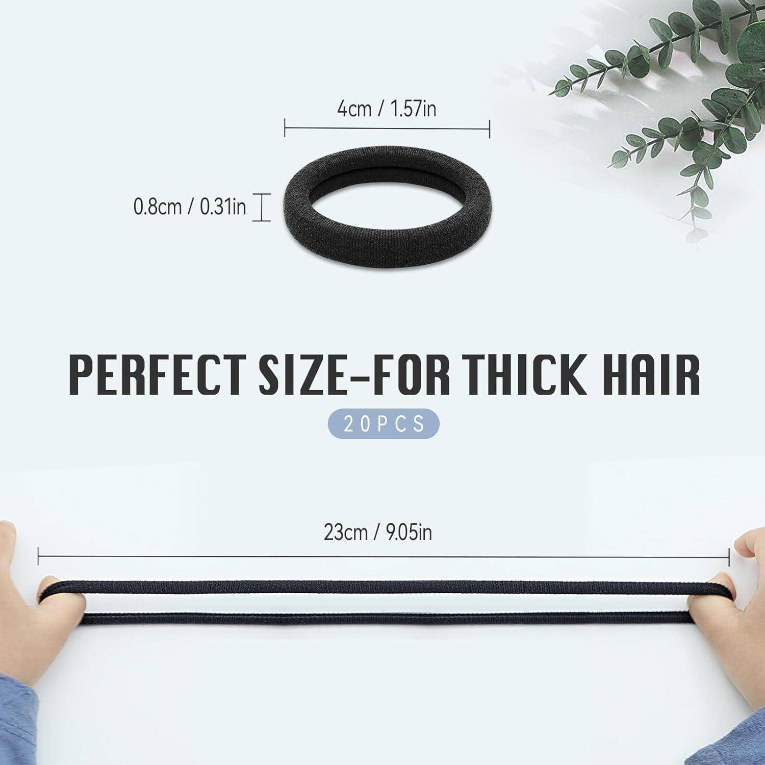 Ein schwarzes Haargummi mit einem Durchmesser von 4 cm wird auf 23 cm gedehnt. Text lautet 