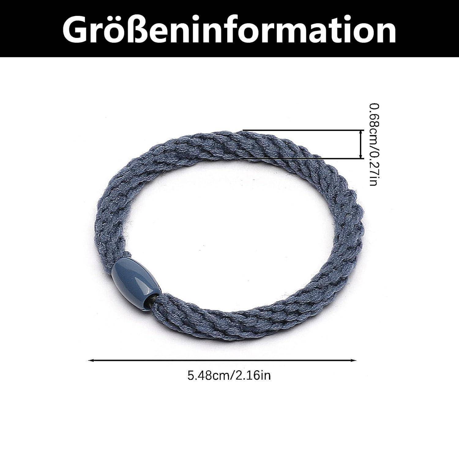 Größeninformation' zeigt ein blaues Seilarmband mit den Abmessungen: 5,48 cm (2,16 Zoll) in der Länge und 0,68 cm (0,27 Zoll) in der Dicke.