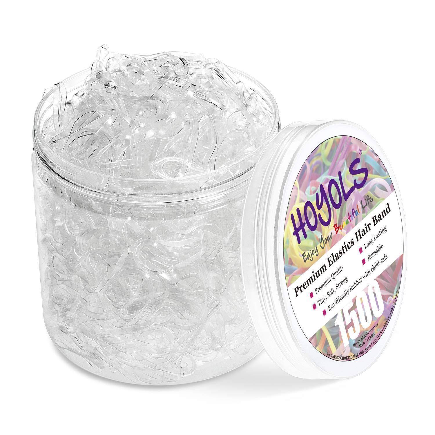Ein Glas gefüllt mit 1500 durchsichtigen elastischen Haarbändern, beschriftet mit 'Hoyols Premium Elastic Hair Band'.