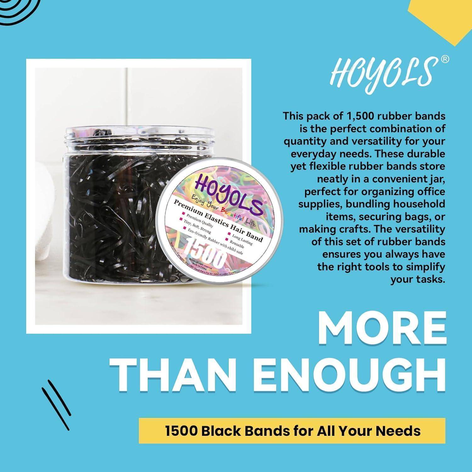 Eine Dose mit 1.500 schwarzen Gummibändern. Etikett liest: „HOYOLS Premium Elastische Haarbänder.