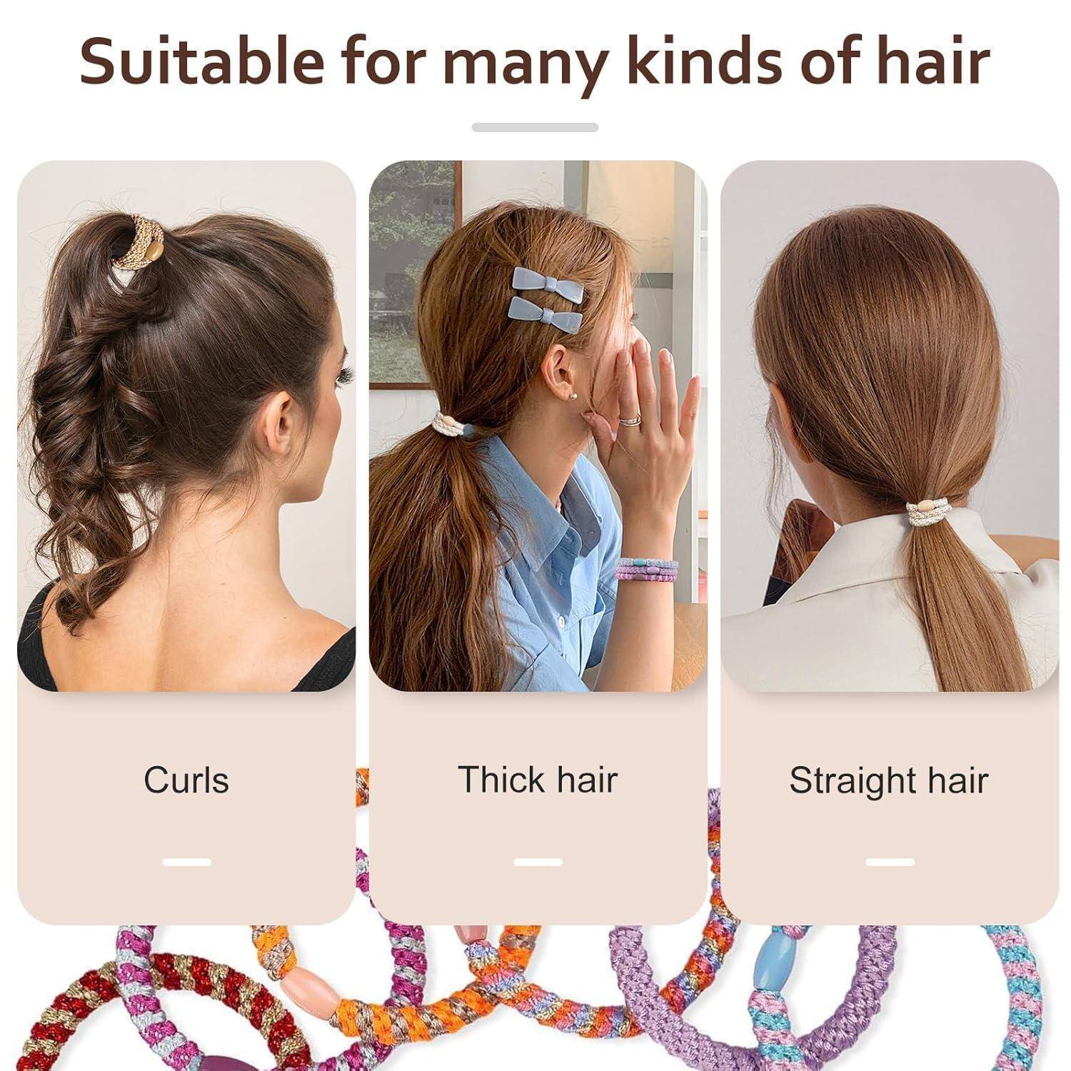 Drei Frauen präsentieren Frisuren: links mit Locken in einem Pferdeschwanz, Mitte mit dicken Haaren und einer Haarschleife, rechts mit glatten Haaren in einem tiefsitzenden Pferdeschwanz. Text lautet: 'Geeignet für viele Haartypen'.