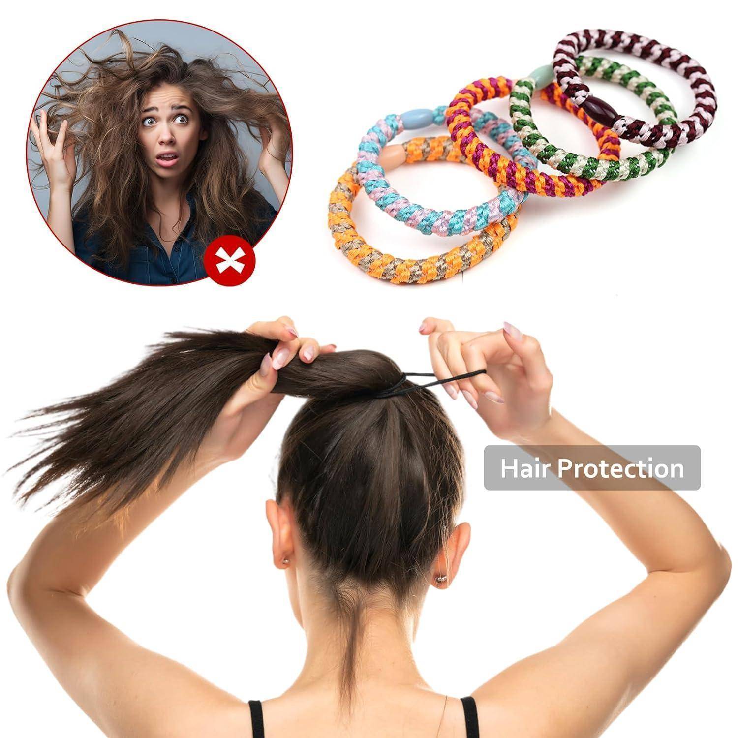 Eine Frau kämpft in einem Bild mit verwirbeltem Haar, während ein anderes Bild zeigt, wie Haar mit einem bunten Band gebunden wird, das mit 'Haarschutz' beschriftet ist.