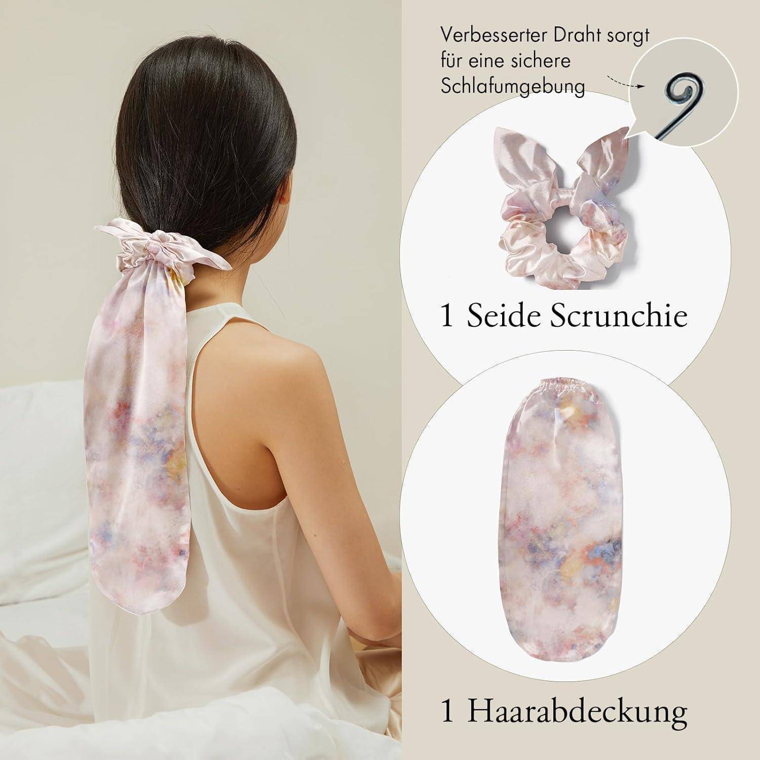 Eine Frau mit langen Haaren verwendet eine Seiden-Scrunchie und einen Haarbedeckung. Text auf Deutsch erklärt die Produkte für eine sichere Schlafumgebung.