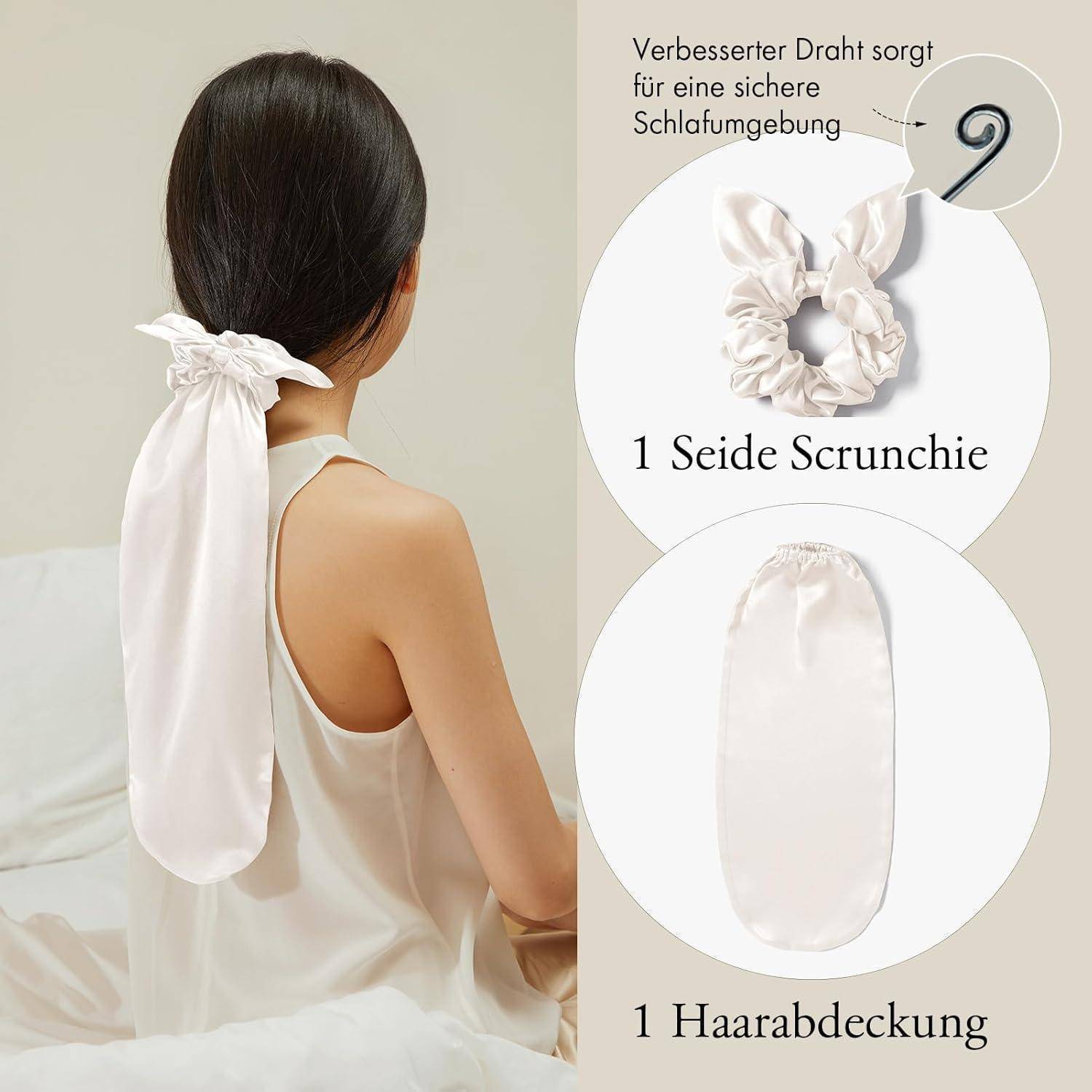 Eine Frau, die eine Satin-Schlafhaube mit einem Scrunchie trägt. Der Text hebt einen verbesserten Draht für sicheres Schlafen hervor. Enthält eine Nahaufnahme des Scrunchies und der Haarbedeckung.