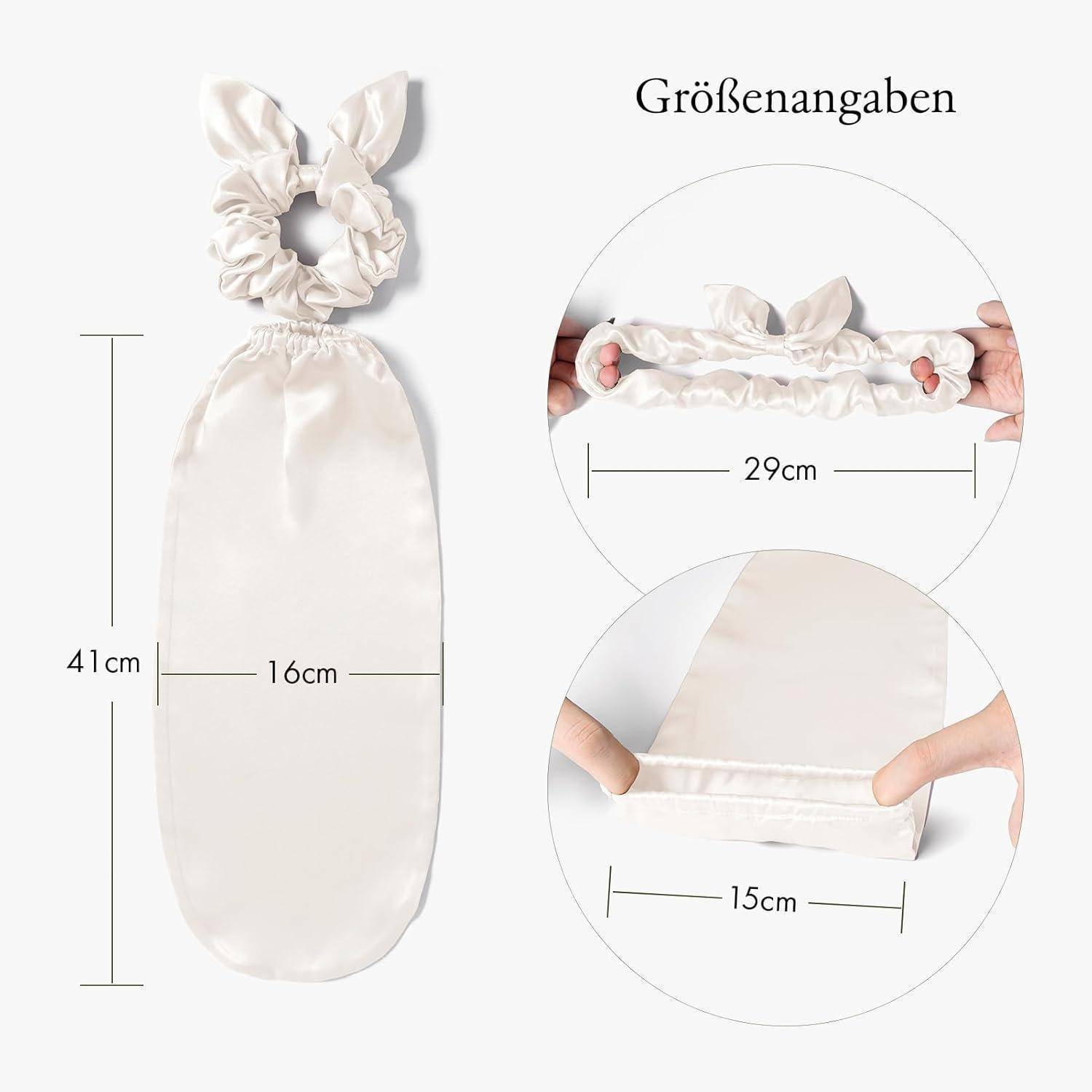 Seiden-Haaraccessoire-Set mit Maßangaben: Scrunchie-Durchmesser 16 cm, Seidenbeutel 41 cm lang, 29 cm breit wenn gedehnt, 15 cm Bodenbreite.