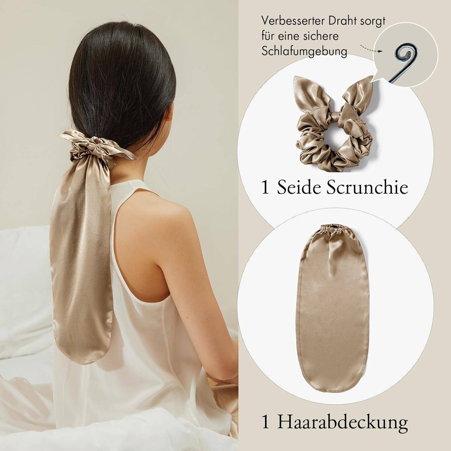 Eine Frau mit langen Haaren sitzt mit dem Rücken zu uns und trägt einen Seidenscrunchie und eine Haarbedeckung. Der Text auf Deutsch hebt einen verbesserten Draht für sicheren Halt hervor.