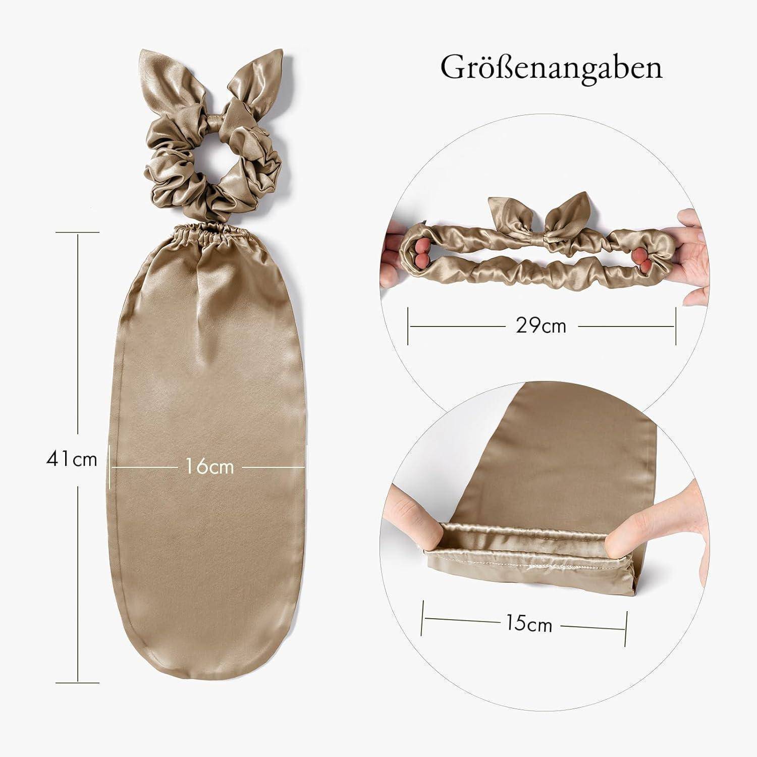 Das Bild mit den 'Größenangaben' zeigt eine goldene Satin-Haube mit folgenden Abmessungen: 41 cm Länge, 16 cm Breite und einen Haargummi von 29 cm. Die Ansicht umfasst auch eine Darstellung mit Händen.