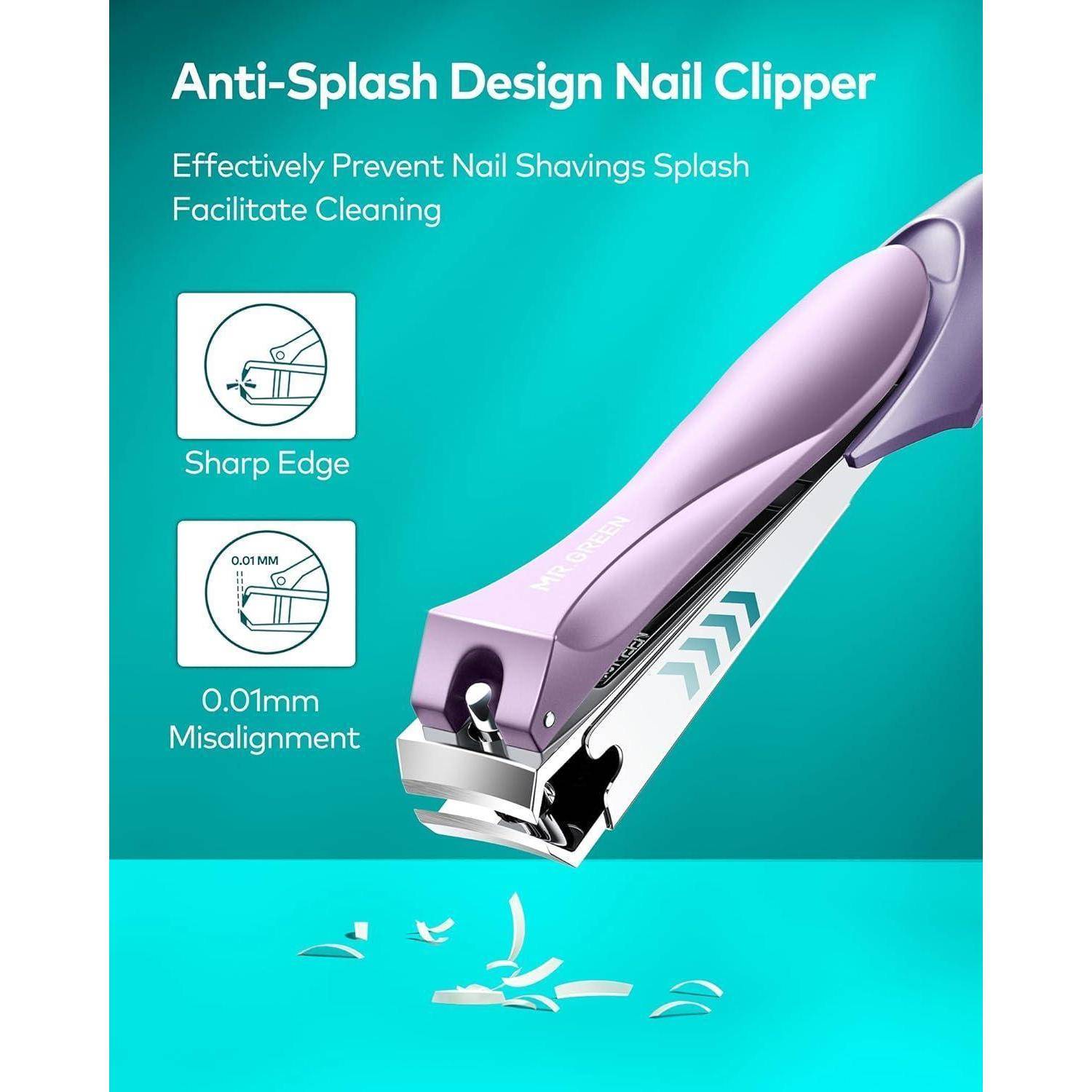 Nagelschneider mit Anti-Spritz-Design und scharfer Schneide. Zu den Merkmalen gehört eine Abweichung von nur 0,01 mm. Verhindert das Umherfliegen von Nagelspänen.